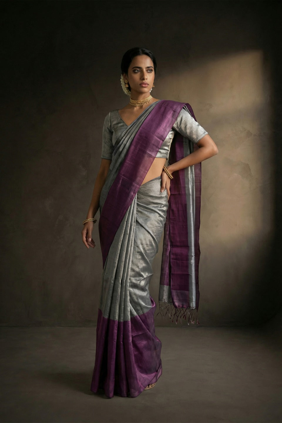 Sukriti Silver And Purple Handwoven Tissue Saree