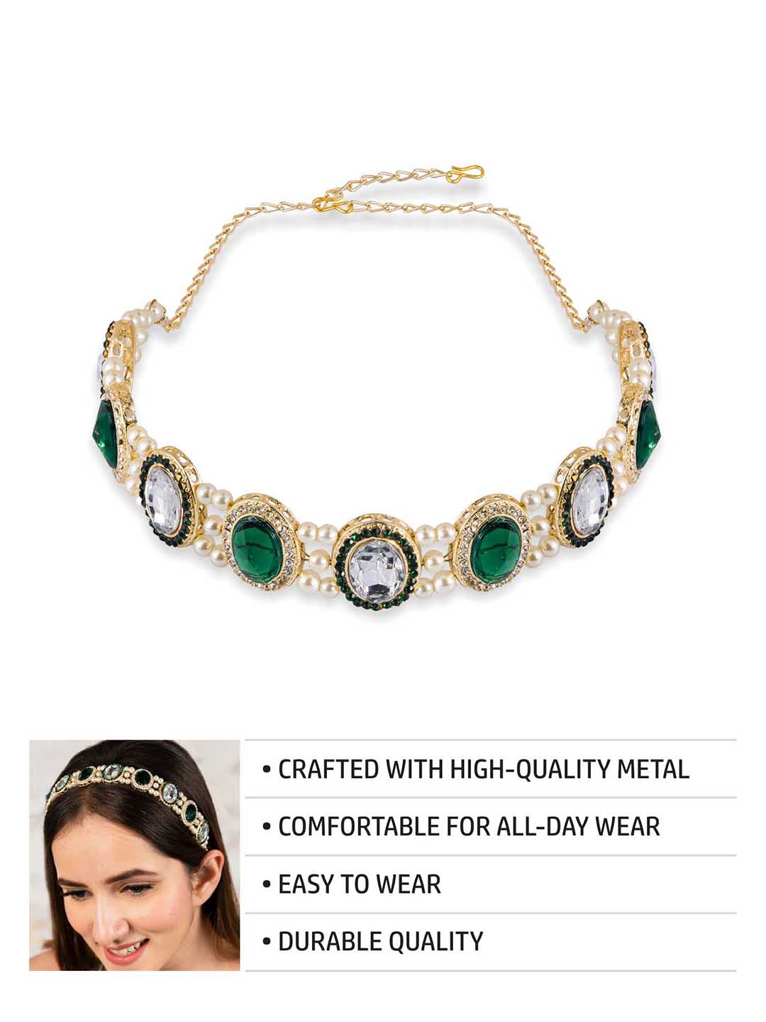Women Green Hair Band With Pearls And Crystals