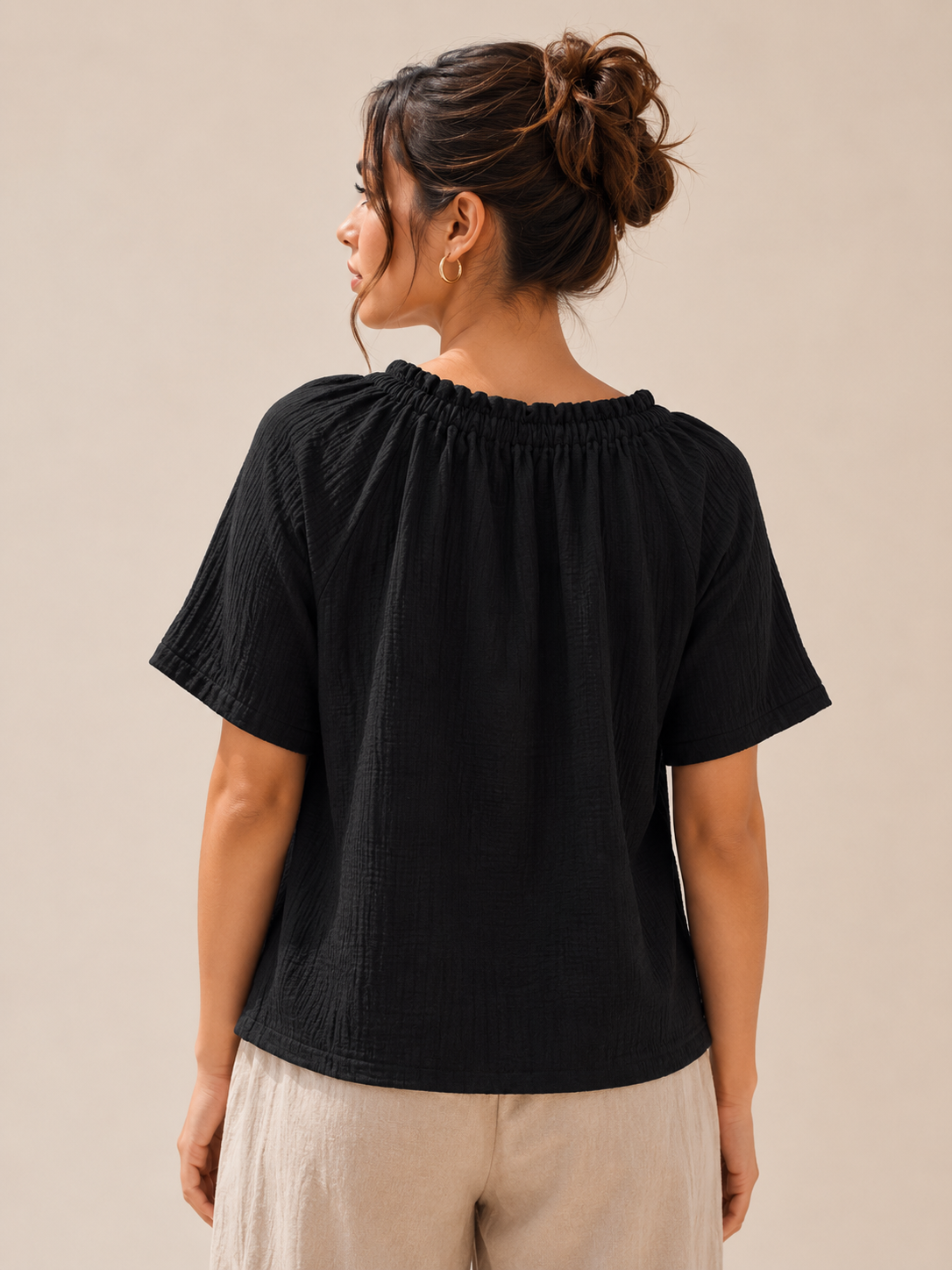Women Black Gathered Neck Top