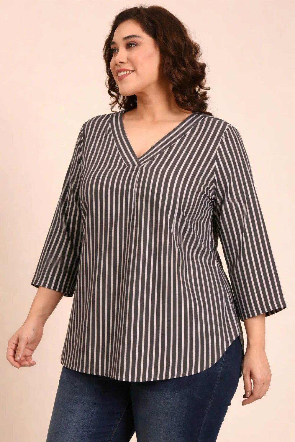 Women Olive Striped V-Neck Top