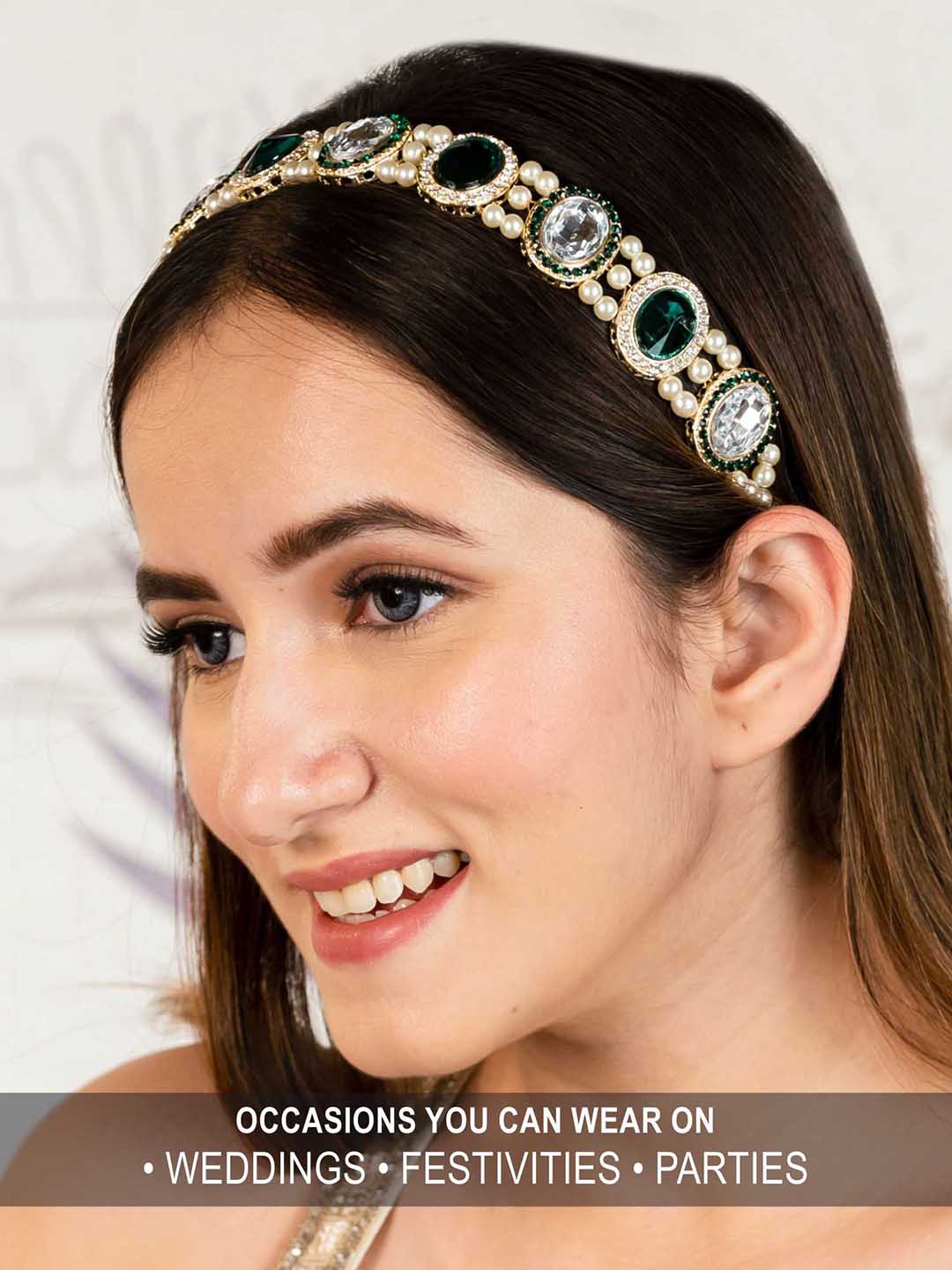 Women Green Hair Band With Pearls And Crystals