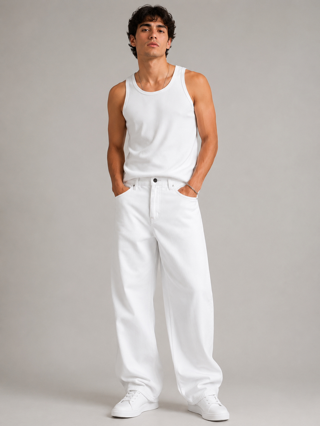 Men White Wide Leg Baggy Jeans