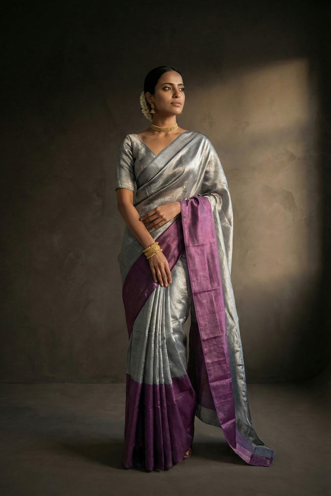 Sukriti Silver And Purple Handwoven Tissue Saree