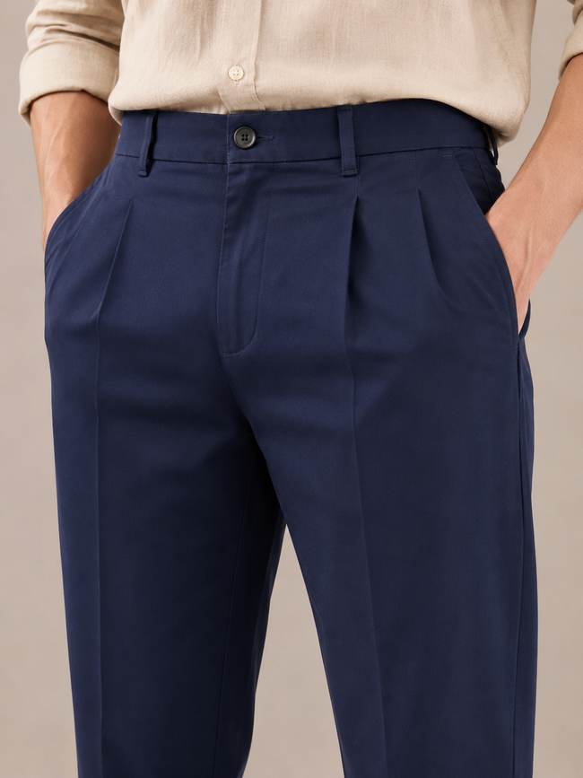 Men Navy Pleated Tailored Trousers
