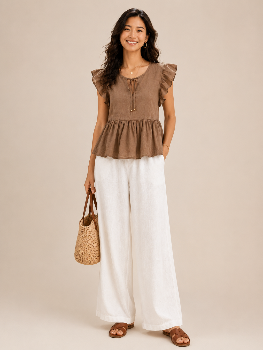 Women Brown Tie-Neck Peplum Top