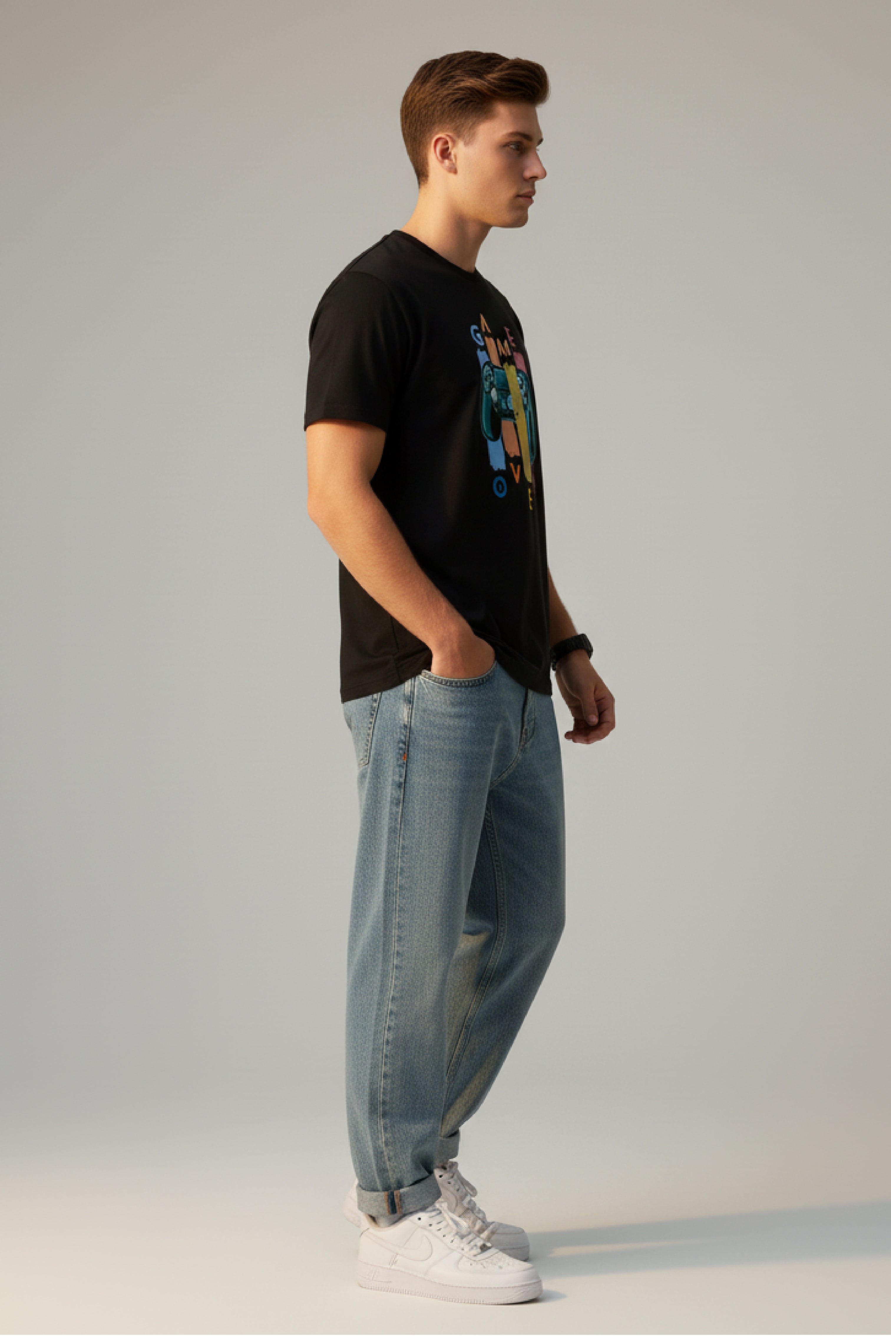 Men Printed Black Cotton Tshirt