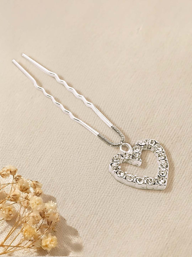 Women Silver Crystal Heart U Pin