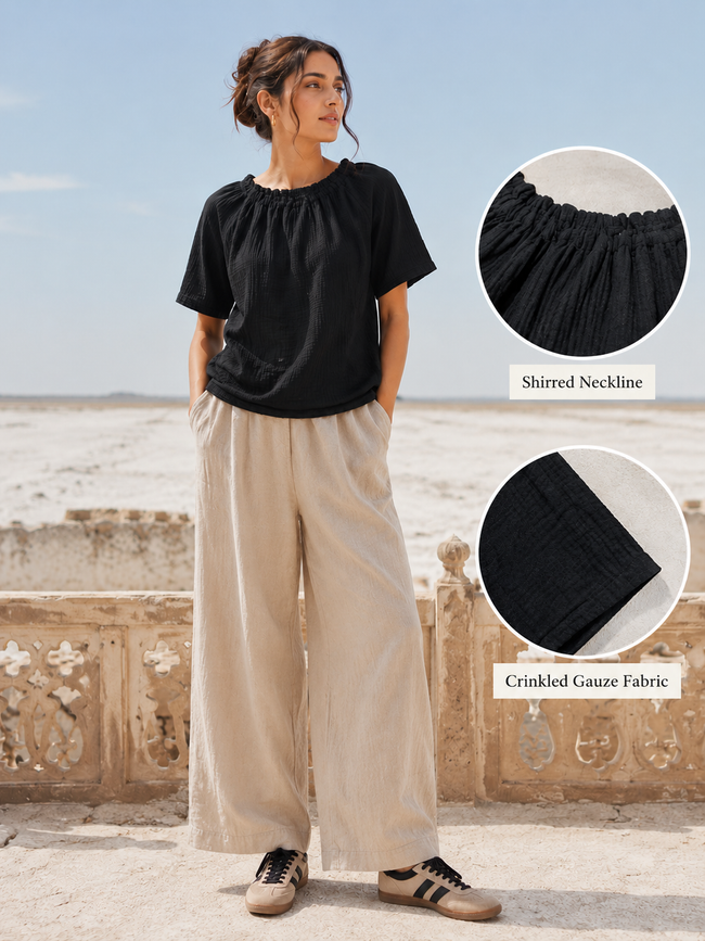 Women Black Gathered Neck Top