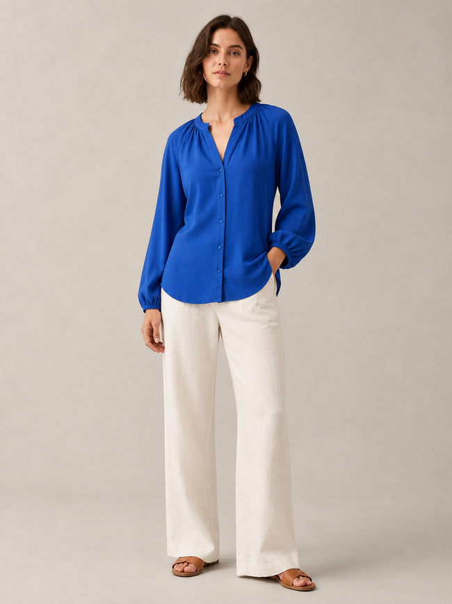 Women Blue Balloon Sleeve Relaxed Shirt