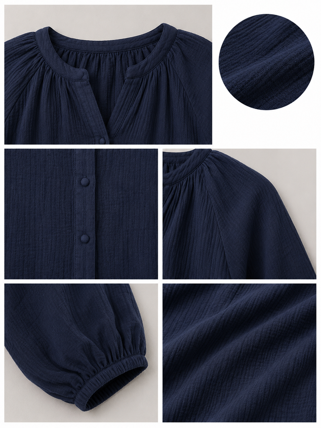 Women Navy Balloon Sleeve Relaxed Shirt