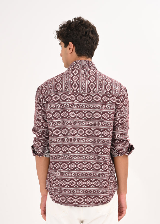 Men Maroon Textured Jacquard Tribal Shirt