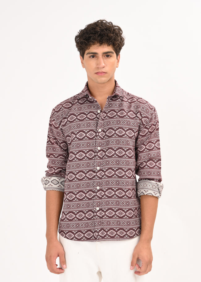 Men Maroon Textured Jacquard Tribal Shirt