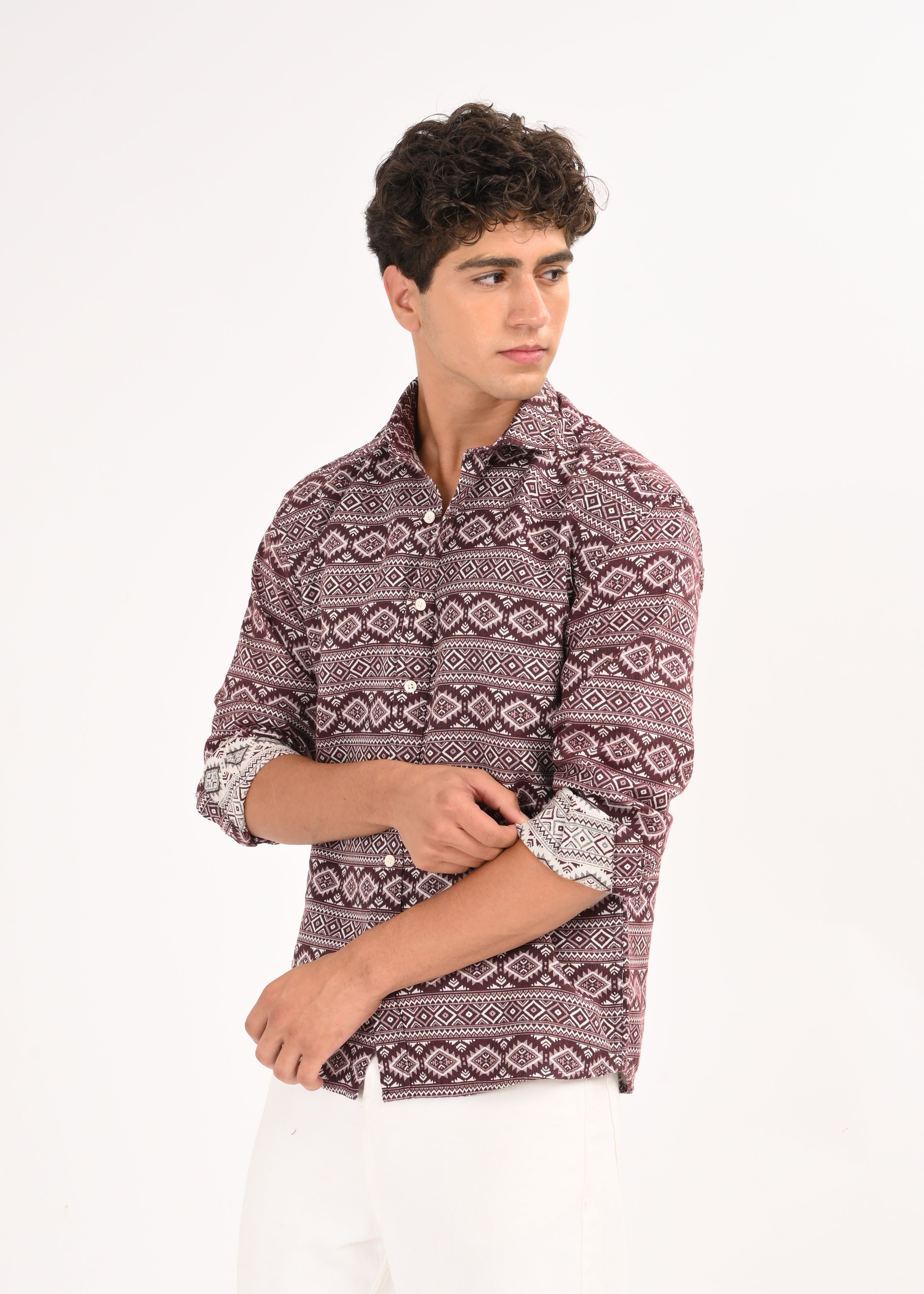 Men Maroon Textured Jacquard Tribal Shirt