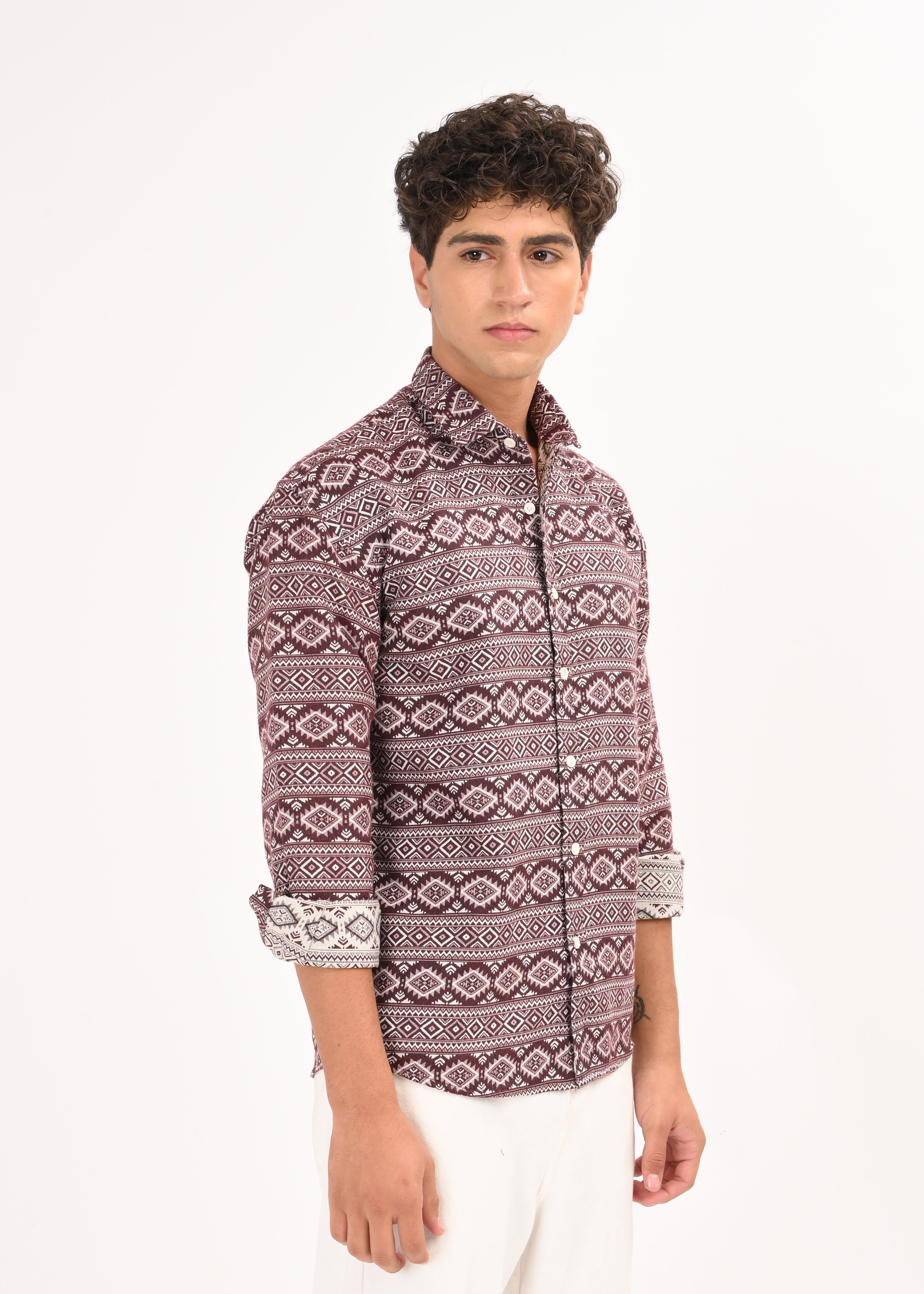 Men Maroon Textured Jacquard Tribal Shirt