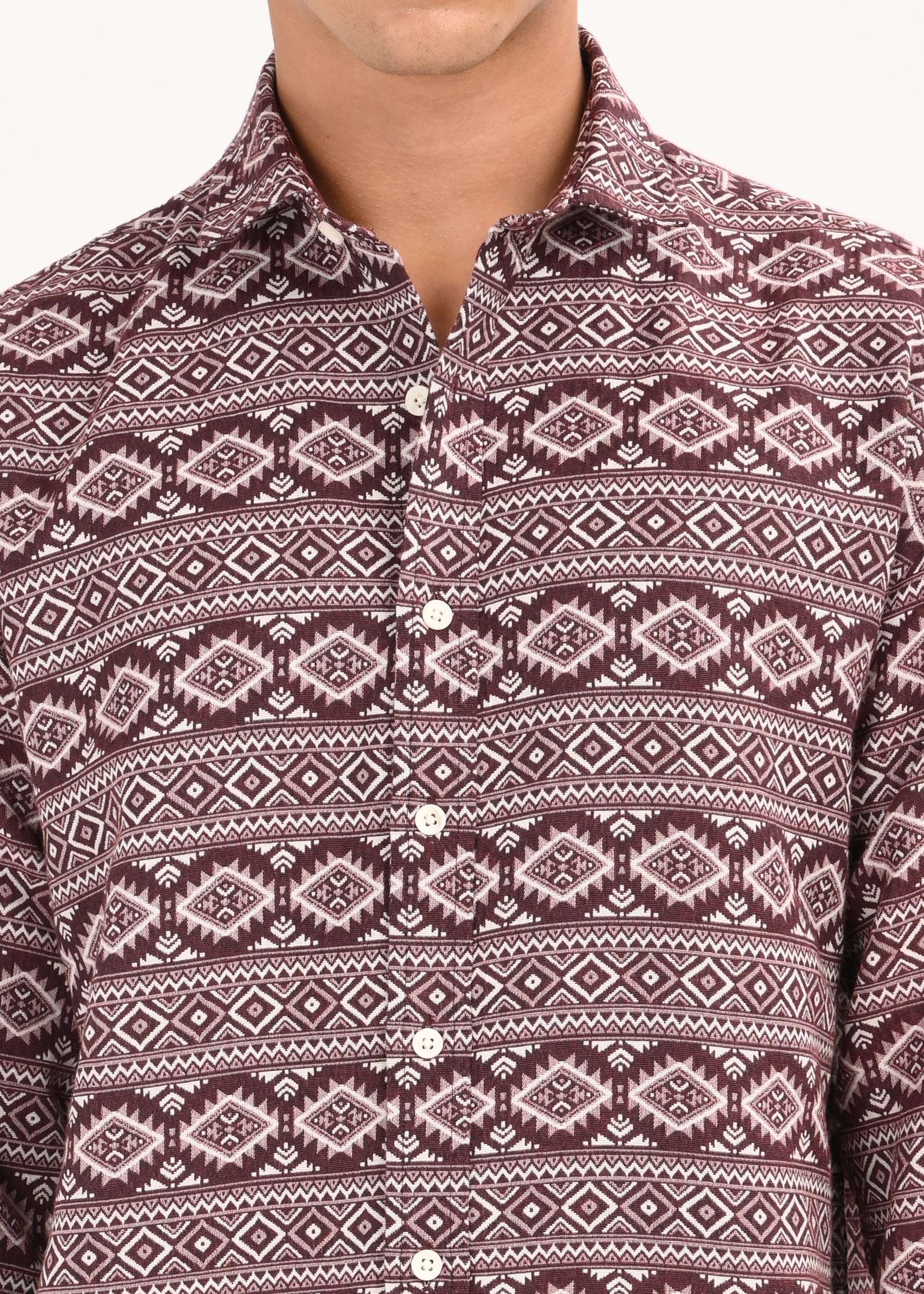 Men Maroon Textured Jacquard Tribal Shirt