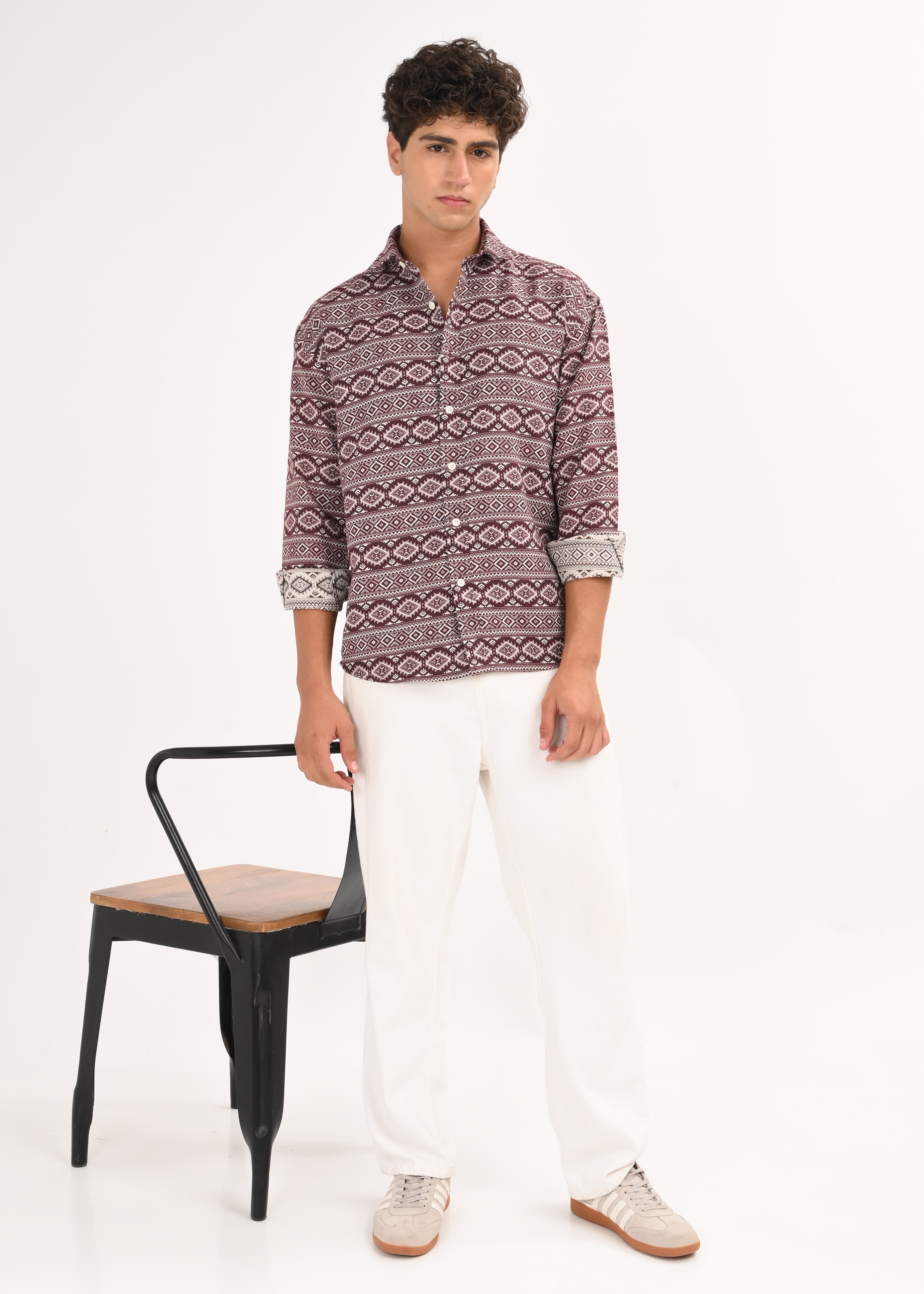 Men Maroon Textured Jacquard Tribal Shirt