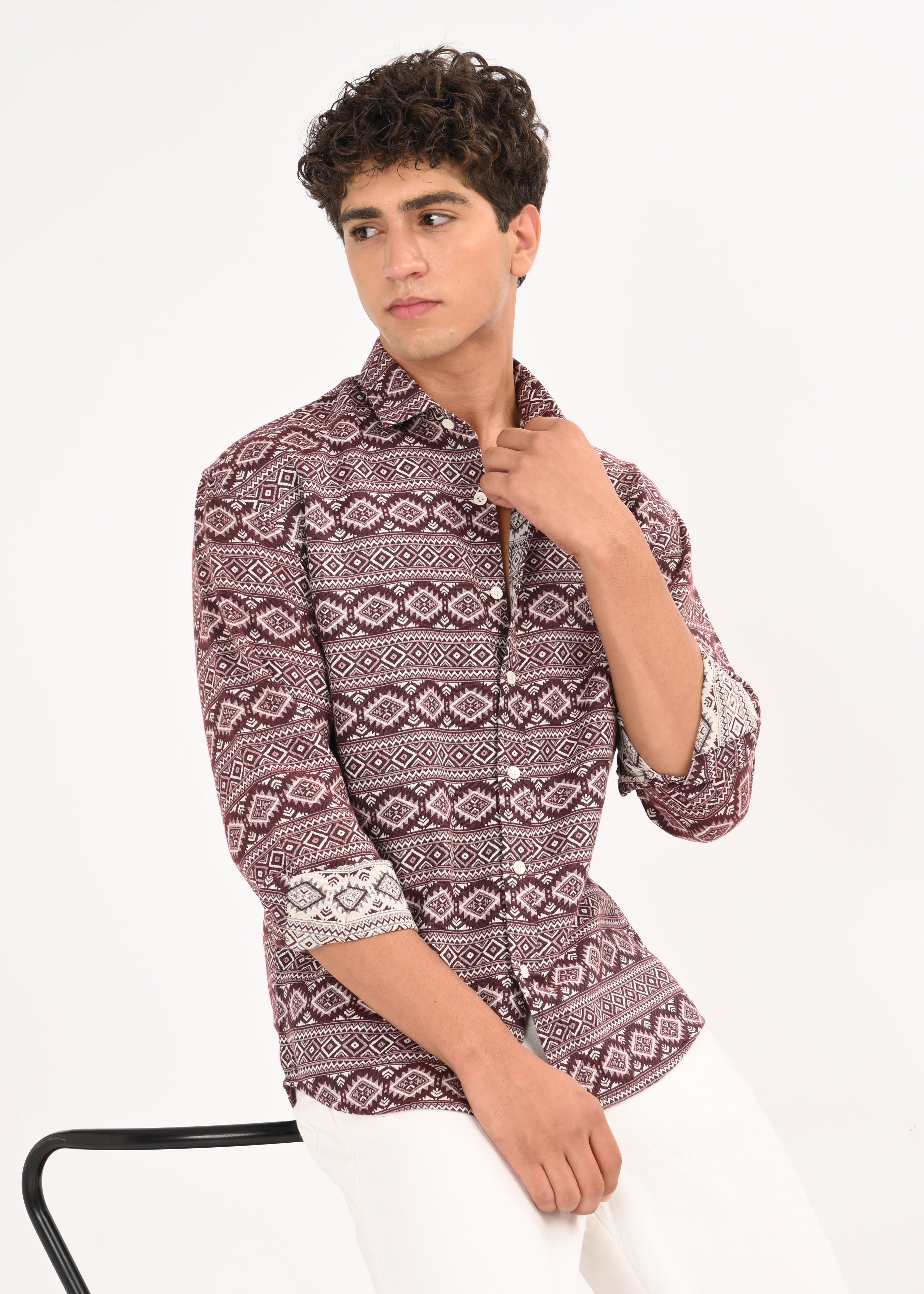 Men Maroon Textured Jacquard Tribal Shirt