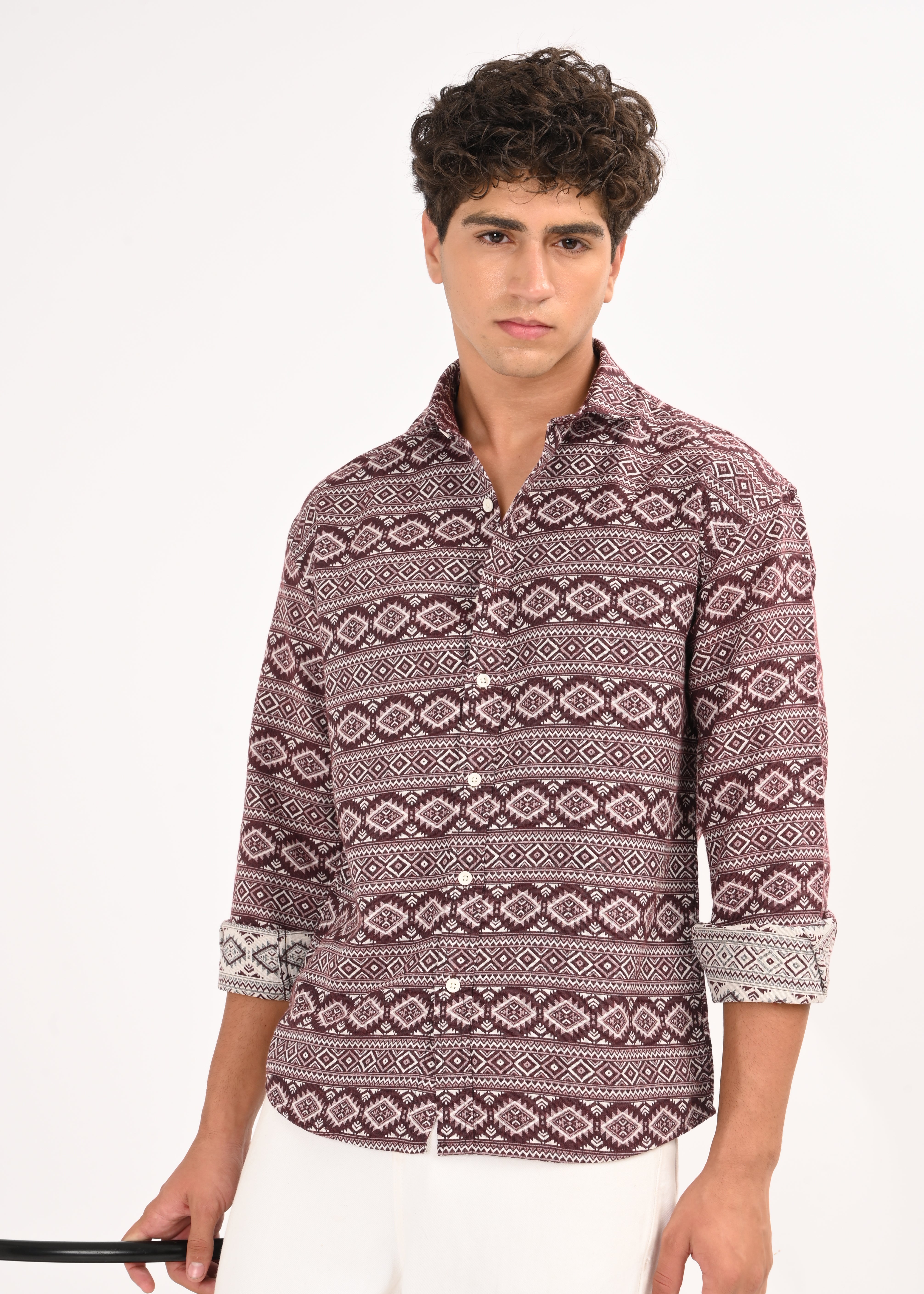 Men Maroon Textured Jacquard Tribal Shirt