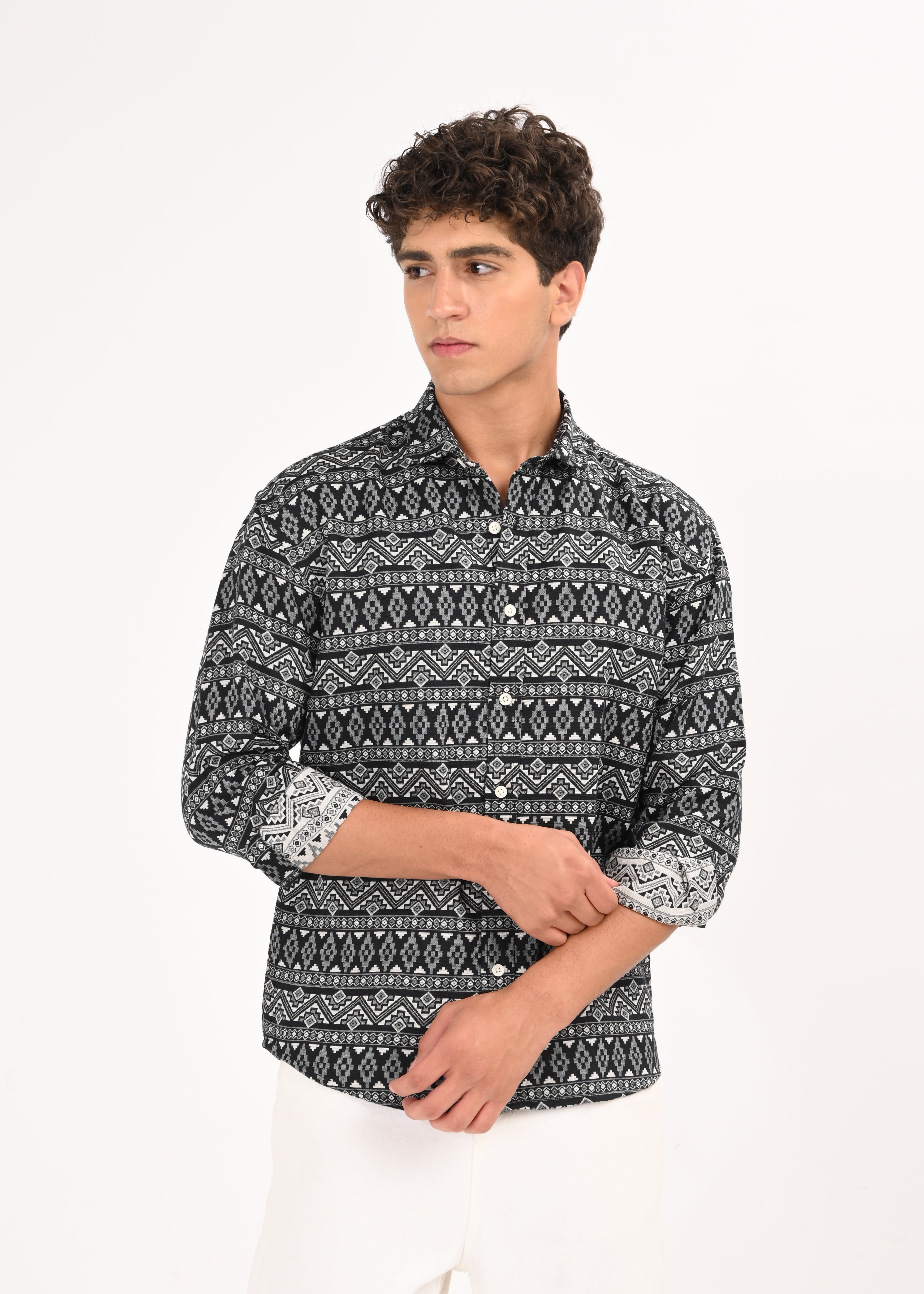 Men White Textured Jacquard Tribal Shirt