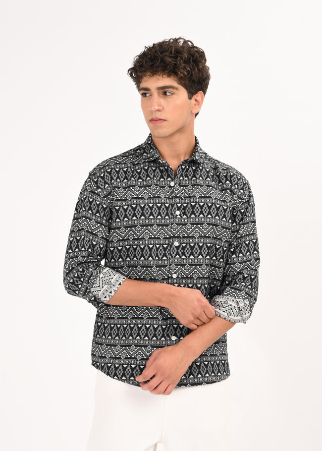 Men White Textured Jacquard Tribal Shirt