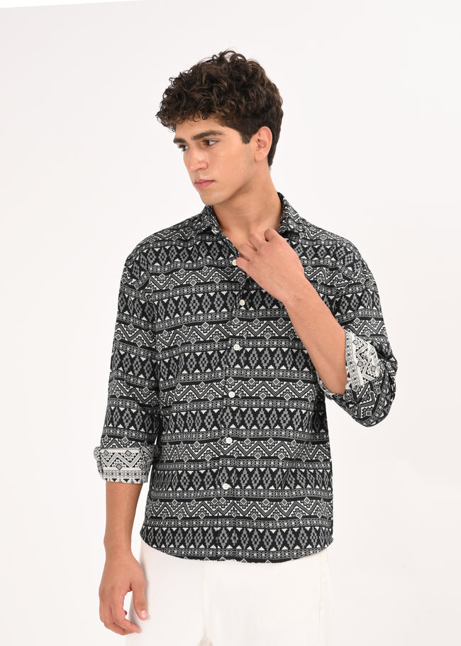 Men White Textured Jacquard Tribal Shirt