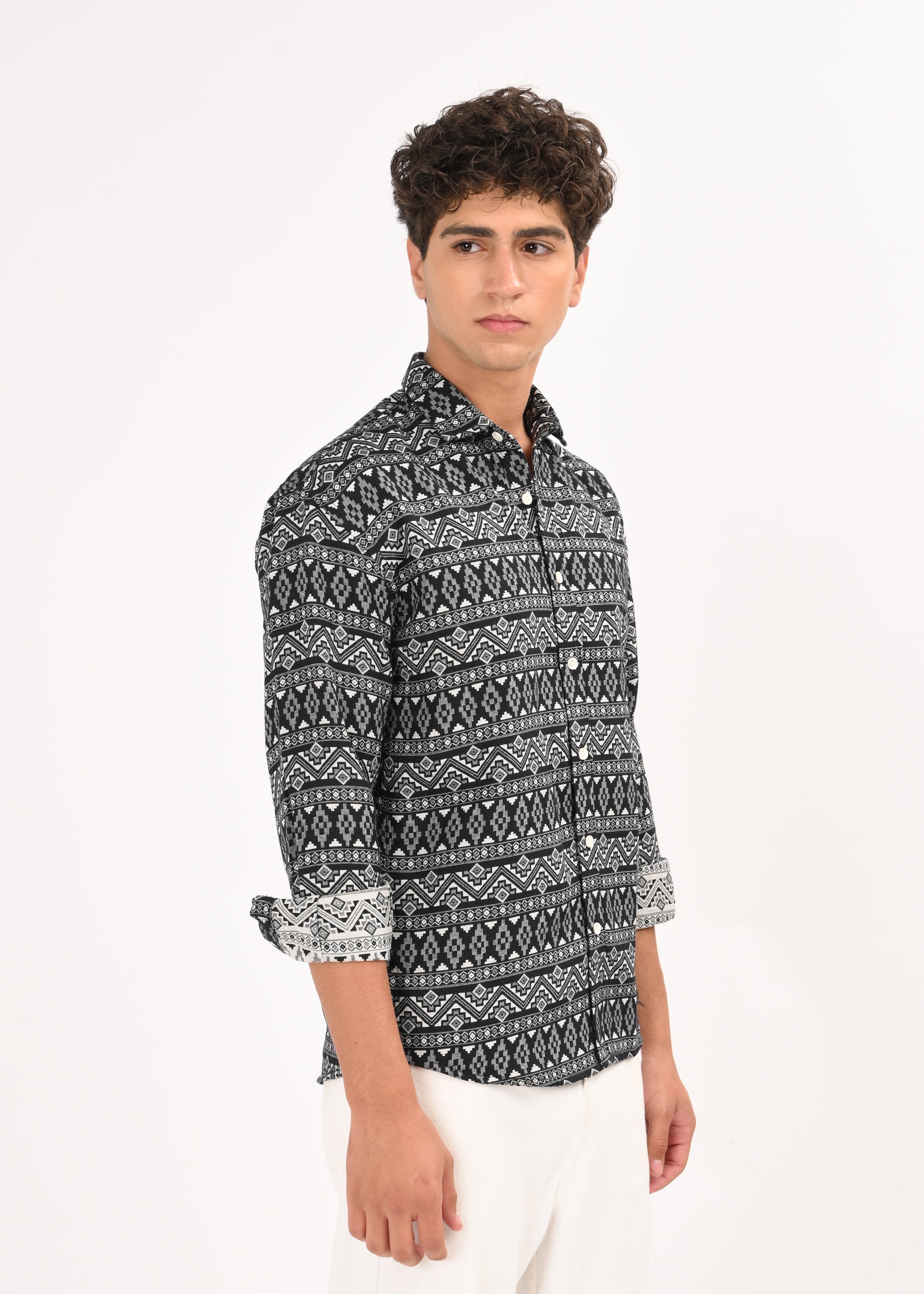 Men White Textured Jacquard Tribal Shirt
