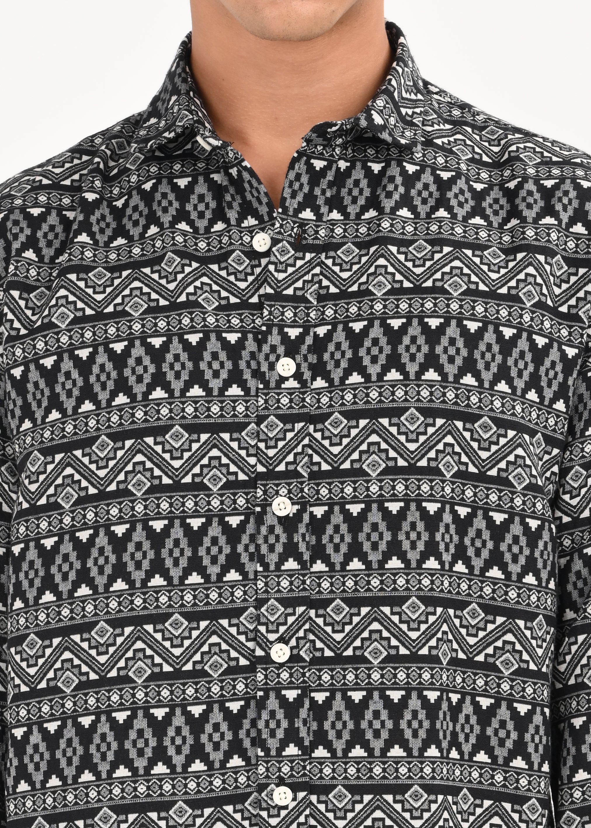 Men White Textured Jacquard Tribal Shirt