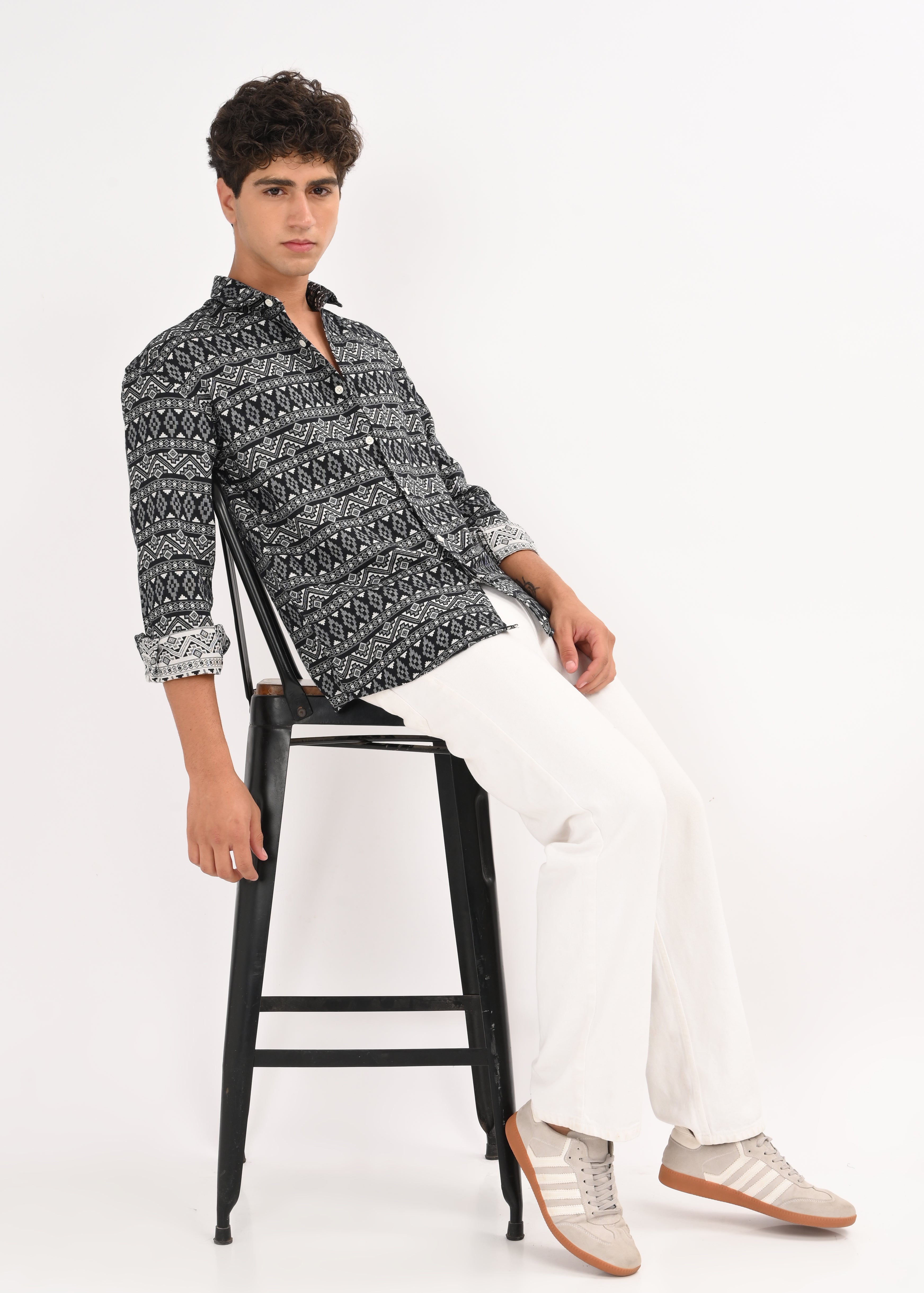 Men White Textured Jacquard Tribal Shirt