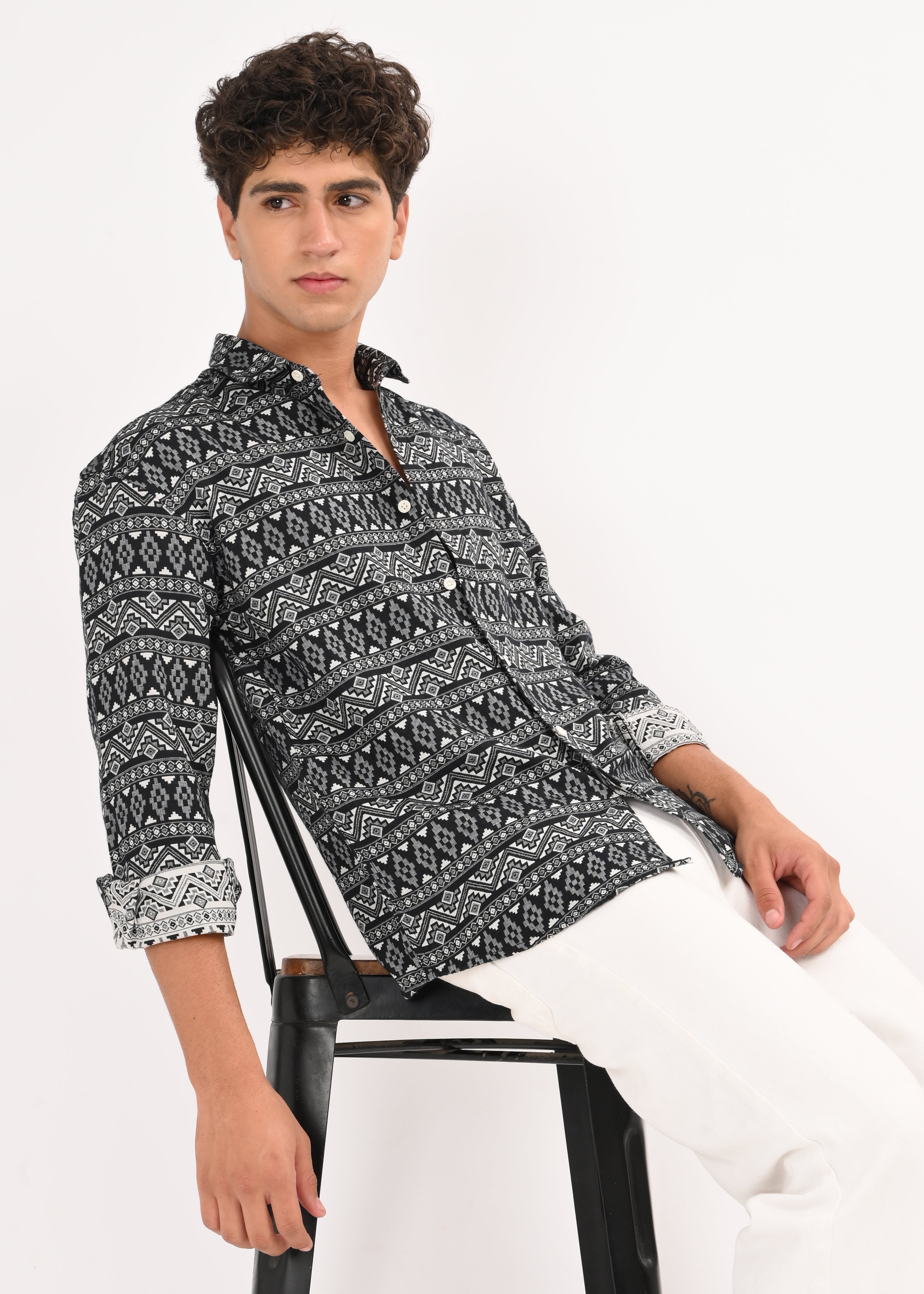 Men White Textured Jacquard Tribal Shirt