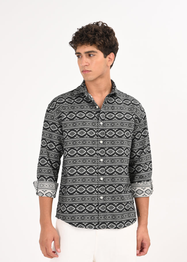 Men Black Textured Jacquard Tribal Shirt