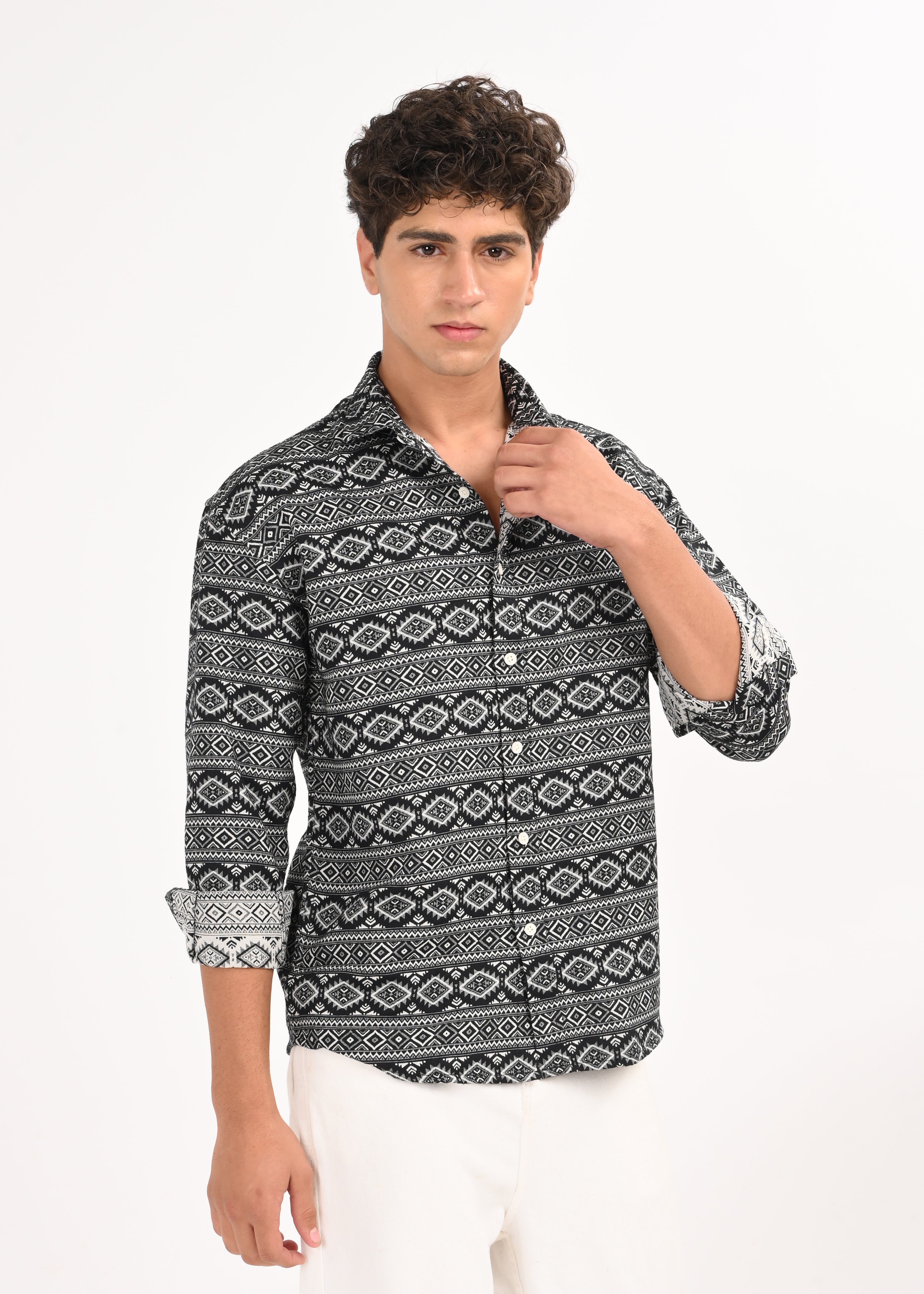 Men Black Textured Jacquard Tribal Shirt
