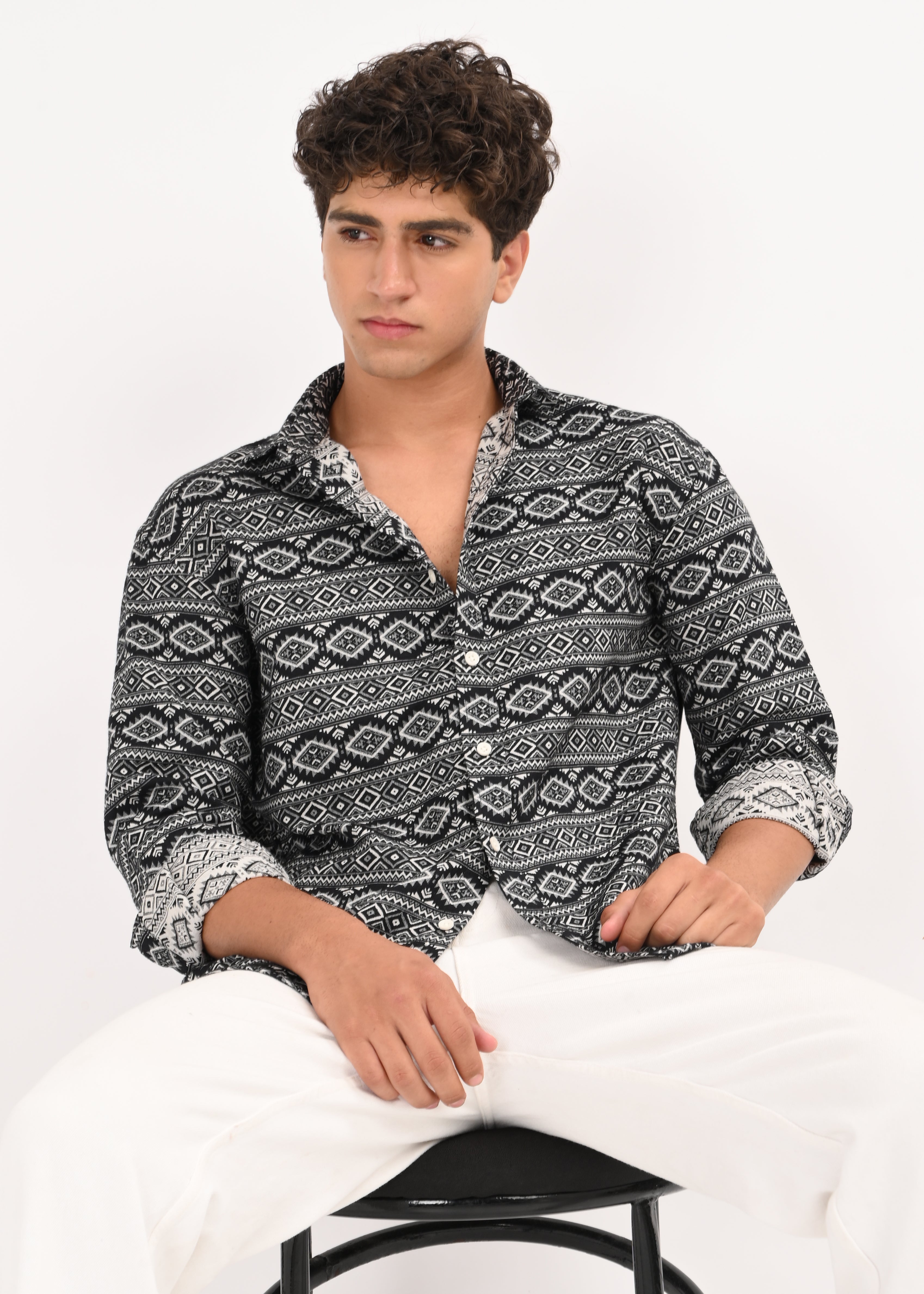 Men Black Textured Jacquard Tribal Shirt