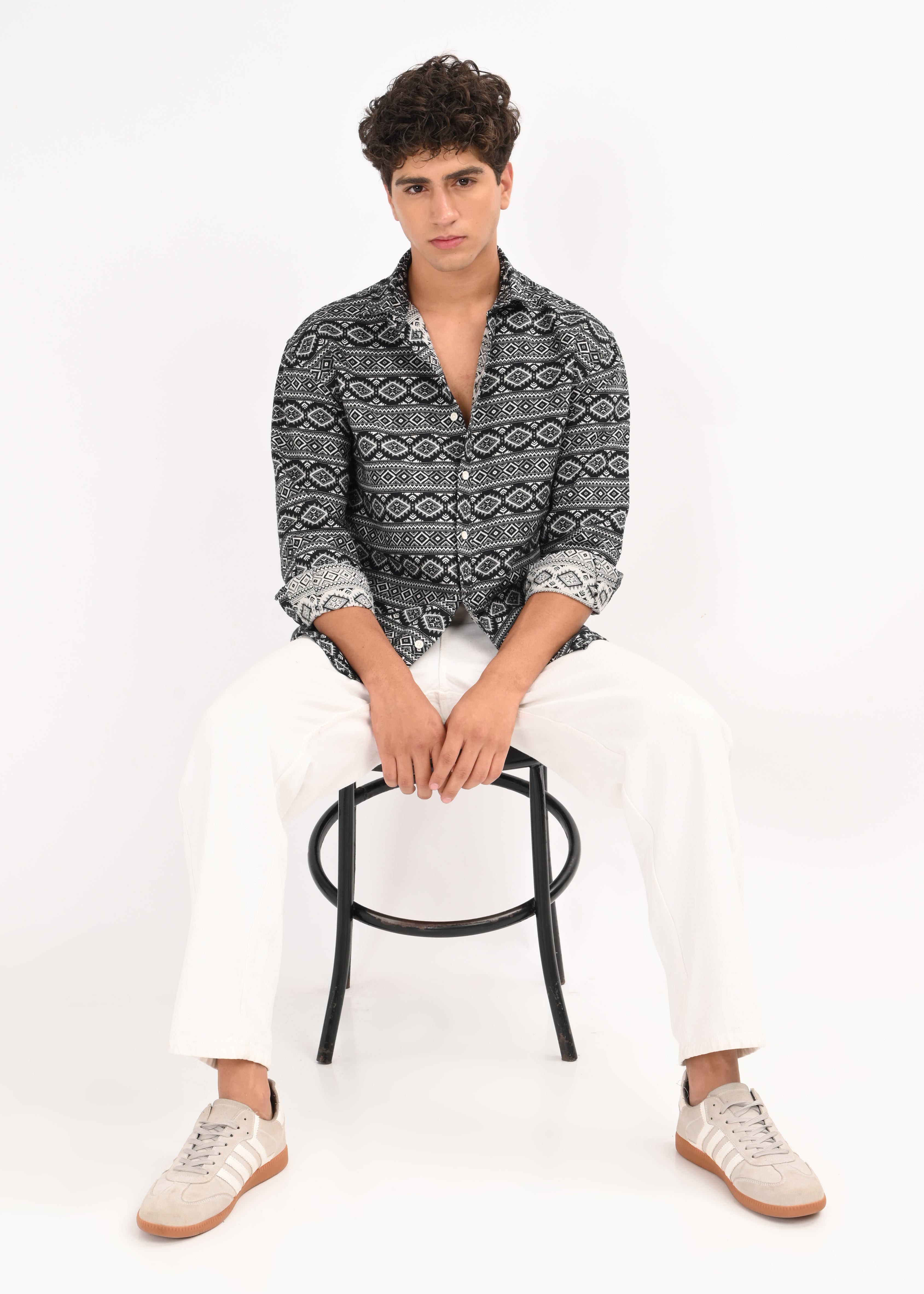 Men Black Textured Jacquard Tribal Shirt