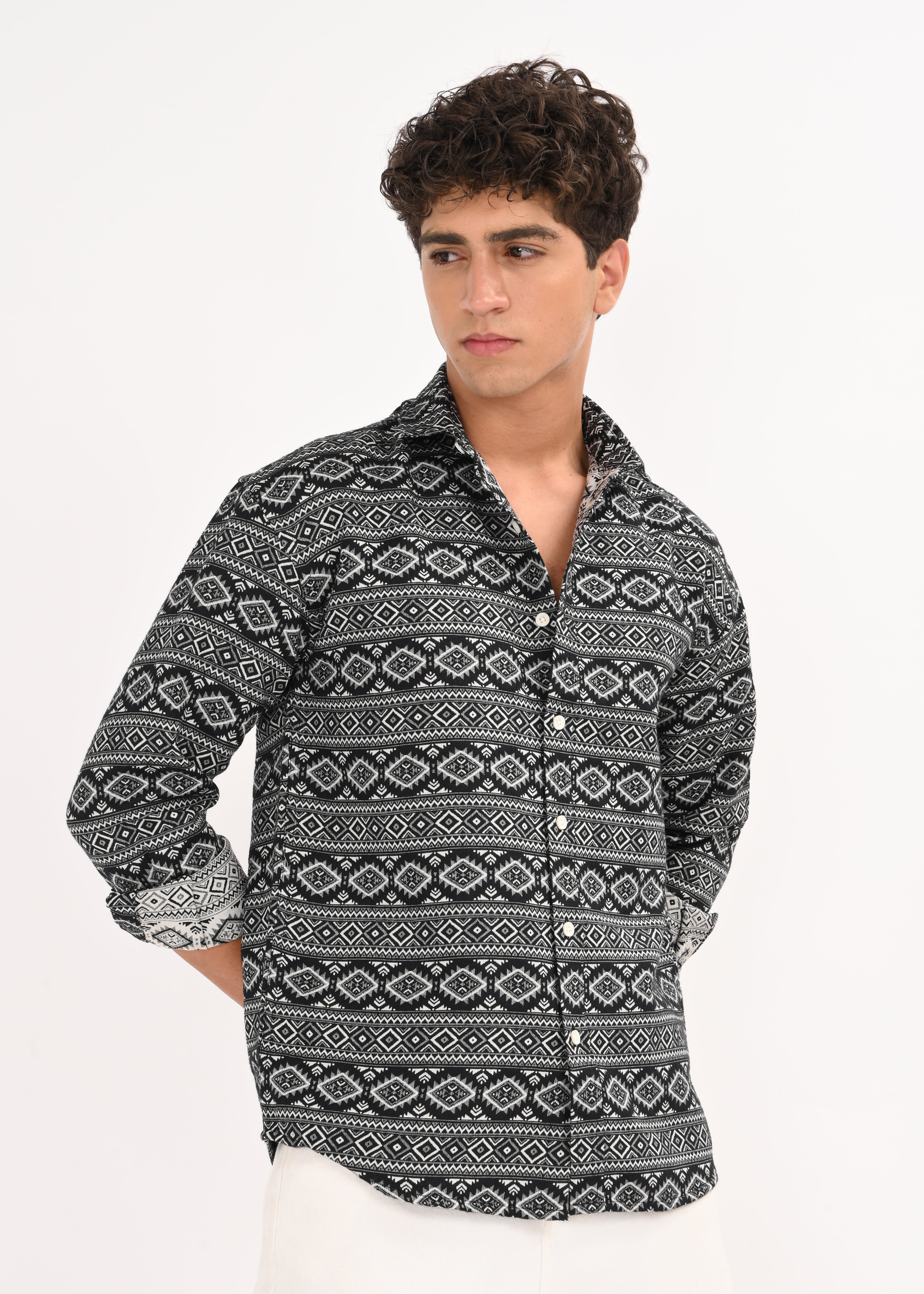 Men Black Textured Jacquard Tribal Shirt