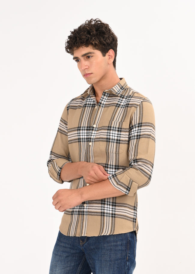 Men Khaki Herringbone Checked Shirt