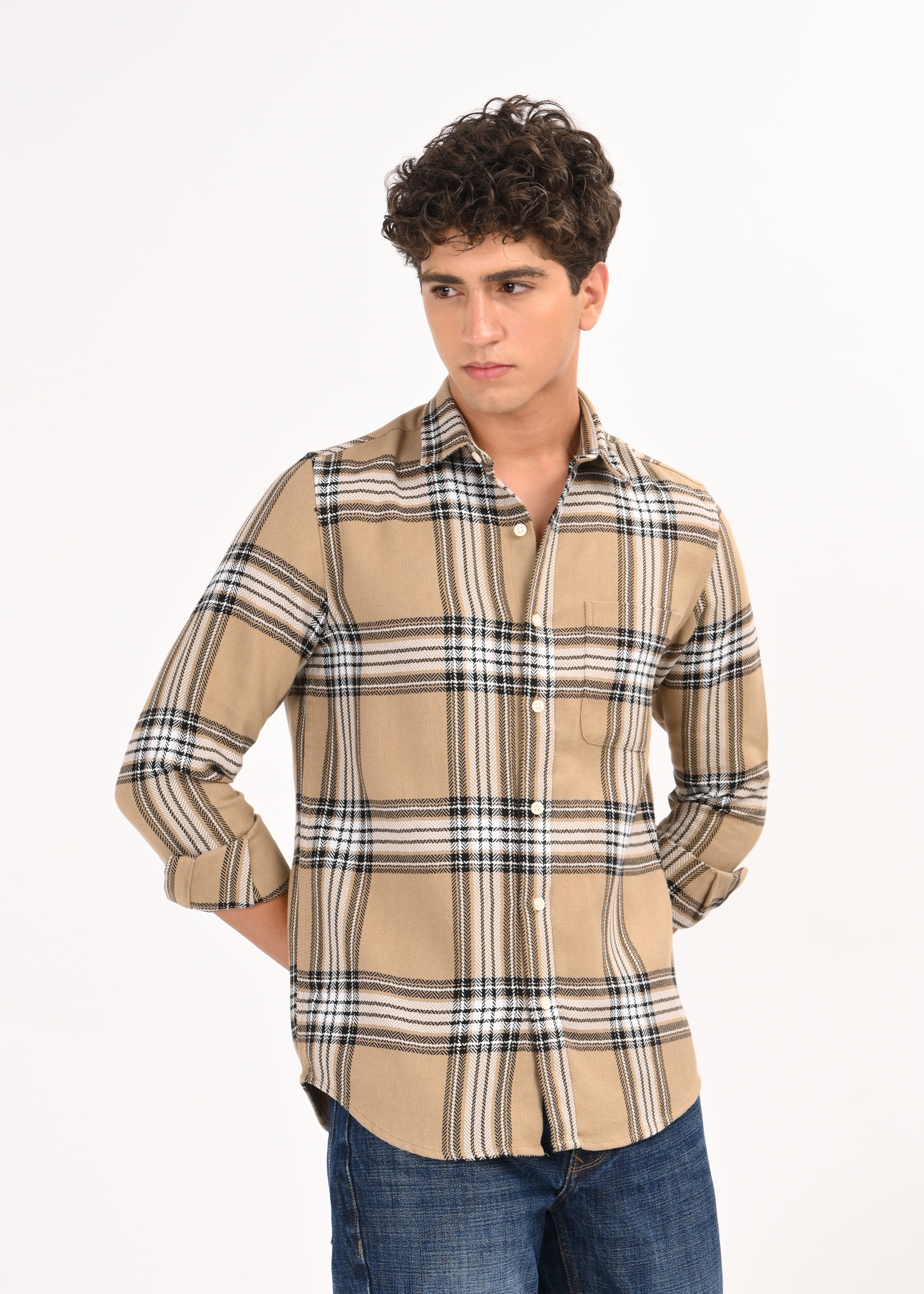 Men Khaki Herringbone Checked Shirt
