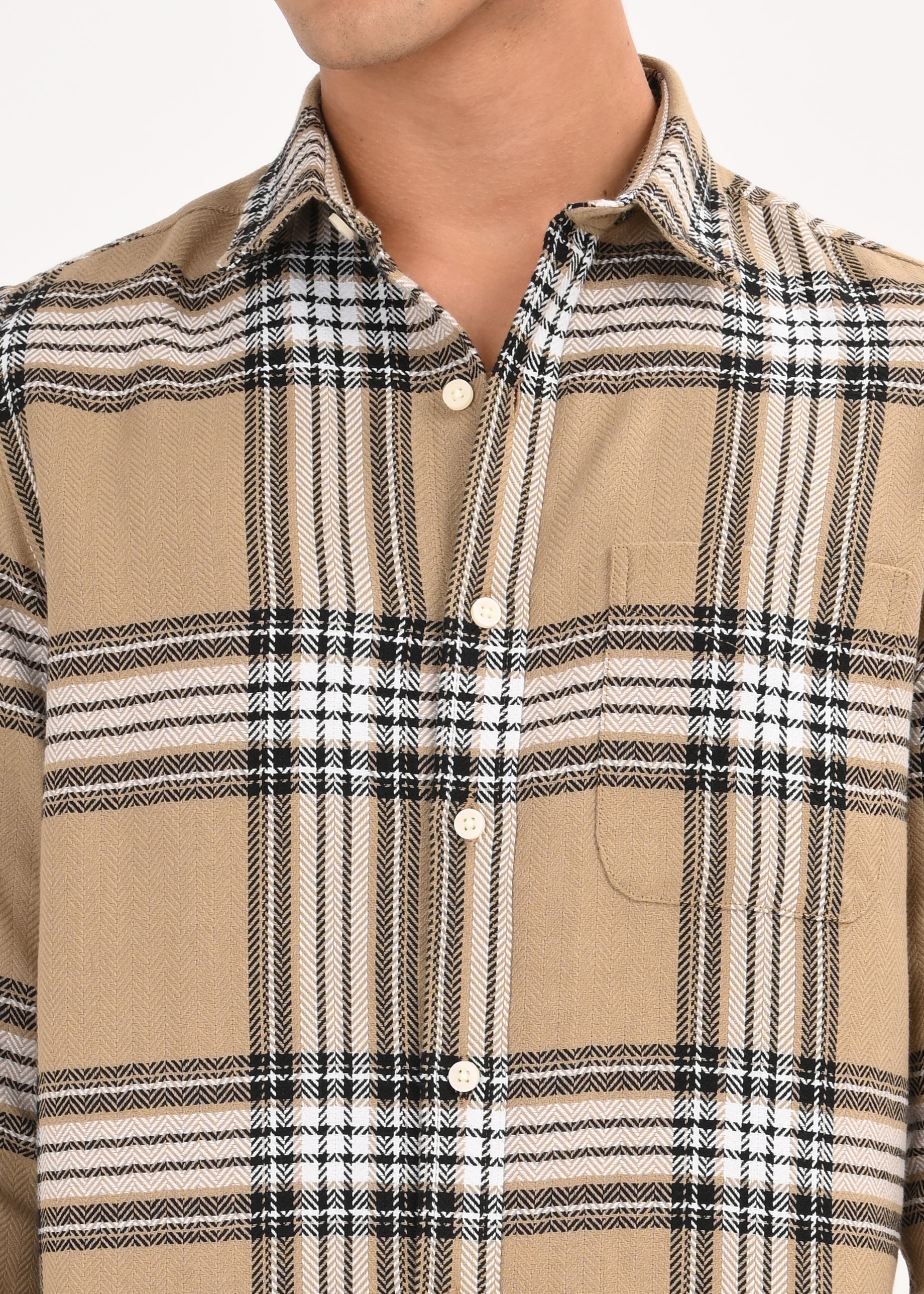 Men Khaki Herringbone Checked Shirt
