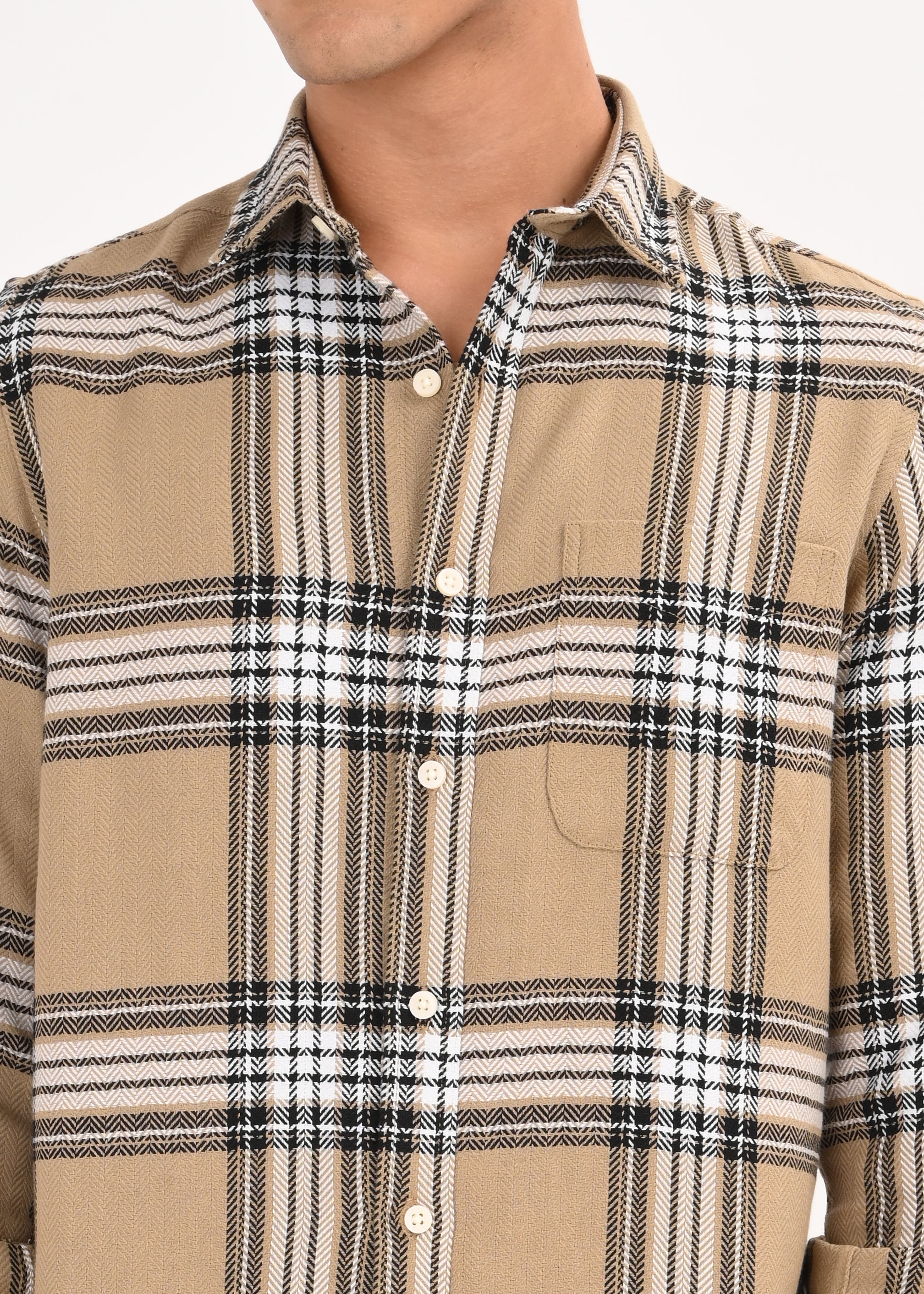 Men Khaki Herringbone Checked Shirt