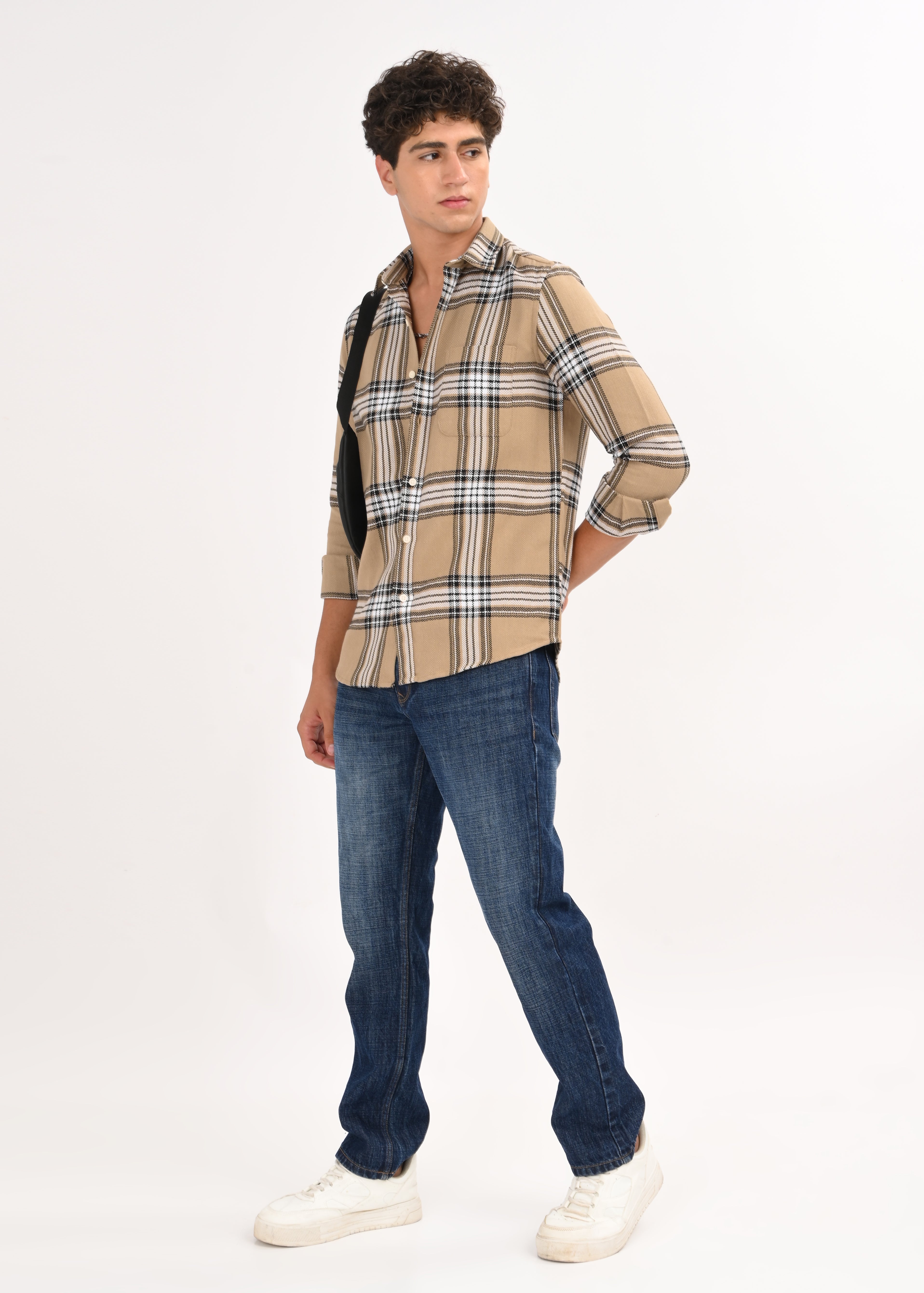 Men Khaki Herringbone Checked Shirt