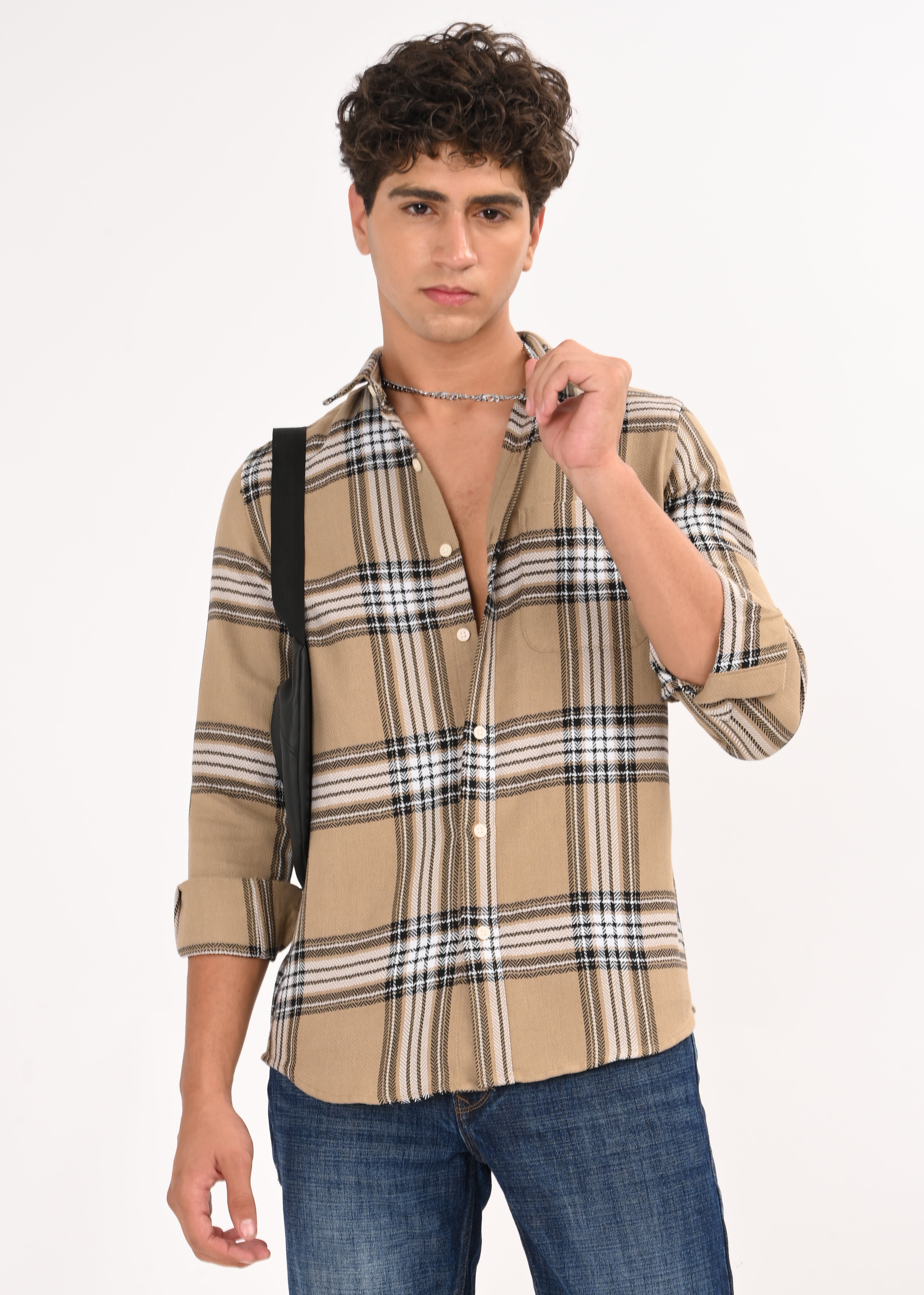 Men Khaki Herringbone Checked Shirt