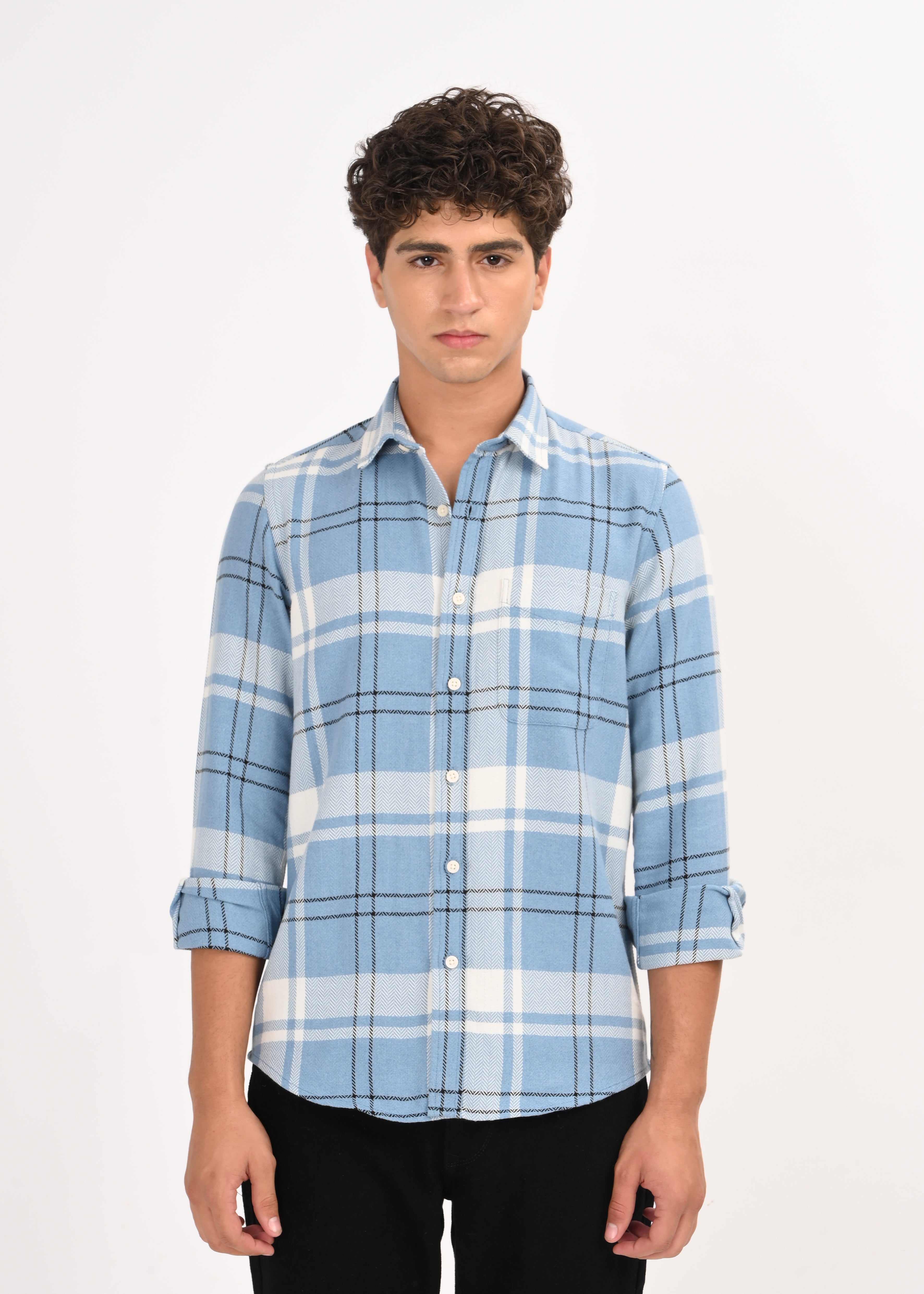 Men Navy Herringbone Checked Shirt