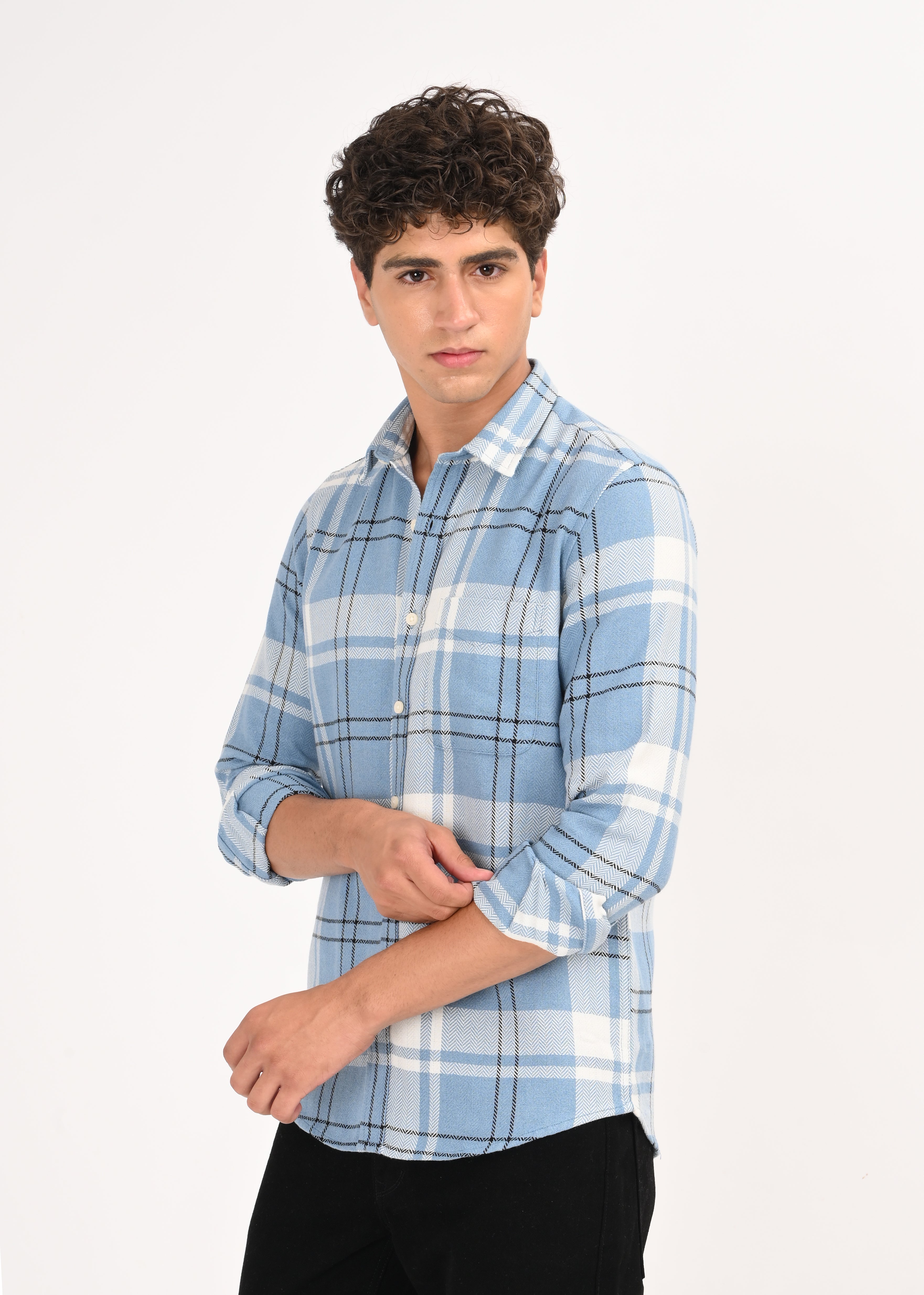 Men Navy Herringbone Checked Shirt