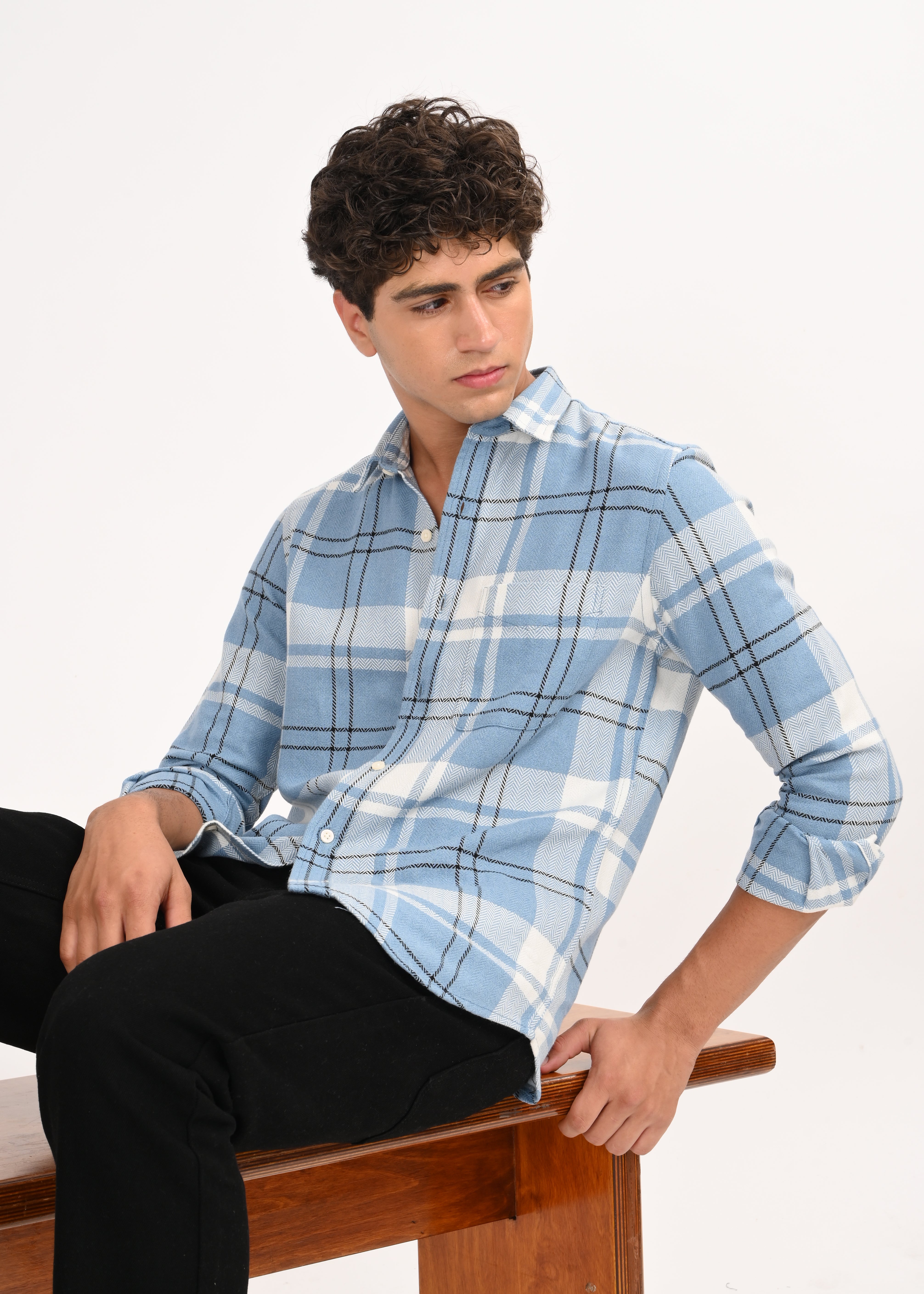 Men Navy Herringbone Checked Shirt