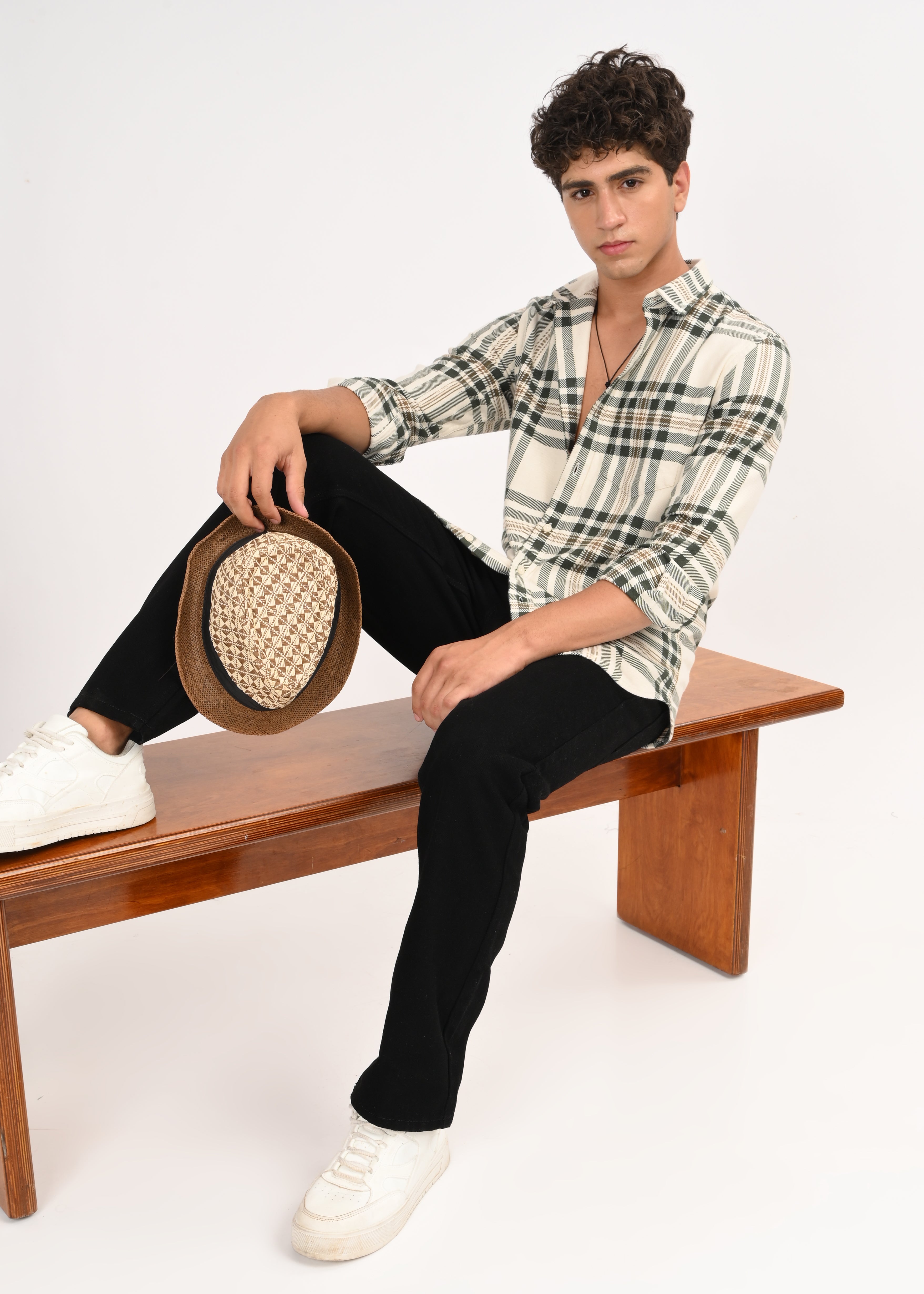 Men Cream Classic Checked Shirt