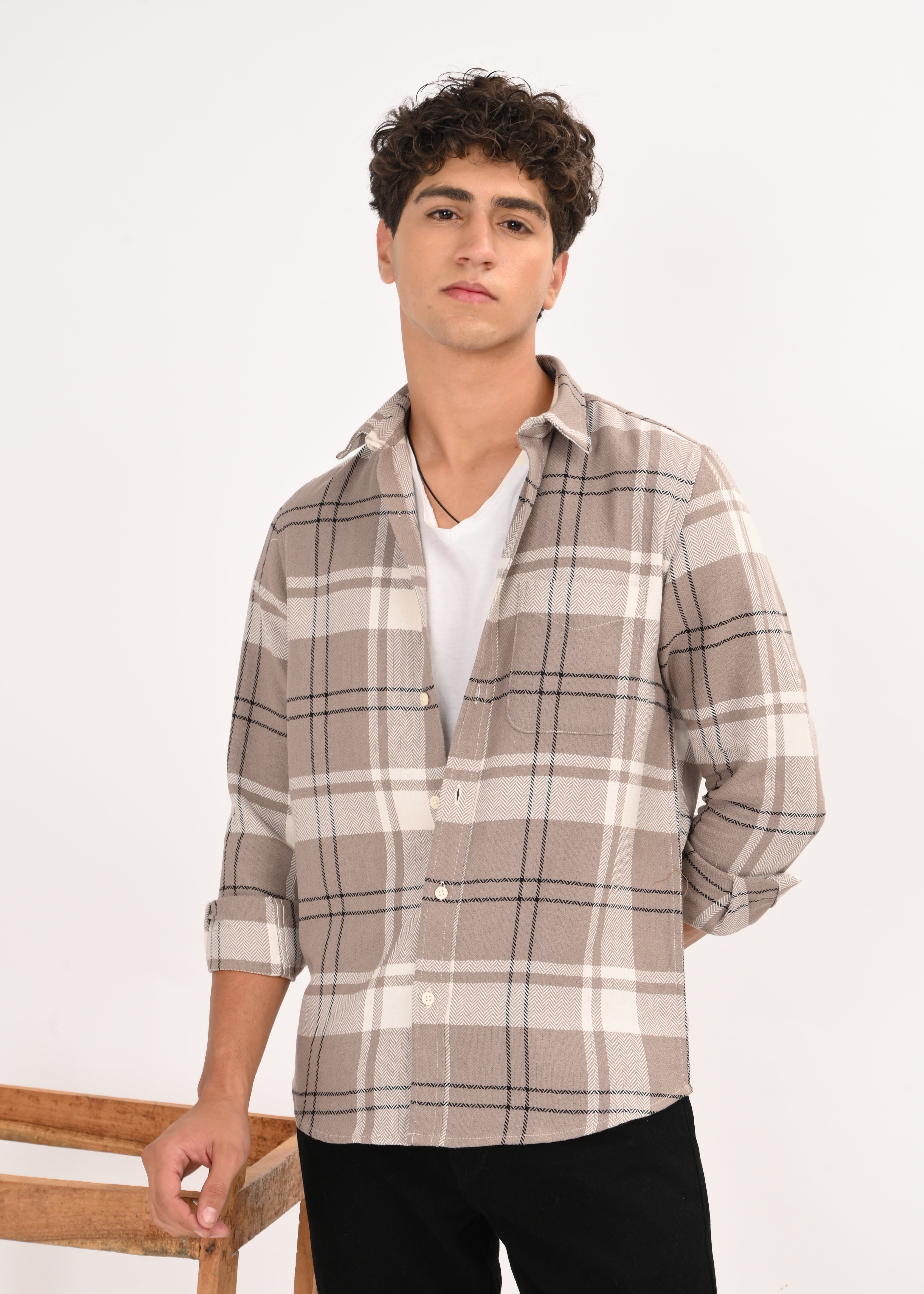 Men Beige Herringbone Checked Shirt