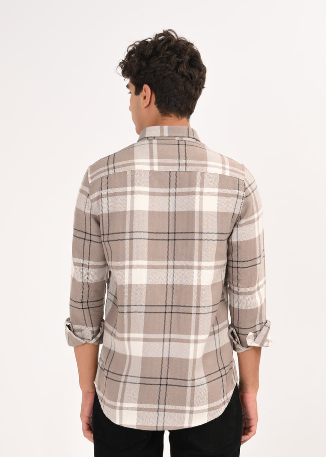 Men Beige Herringbone Checked Shirt