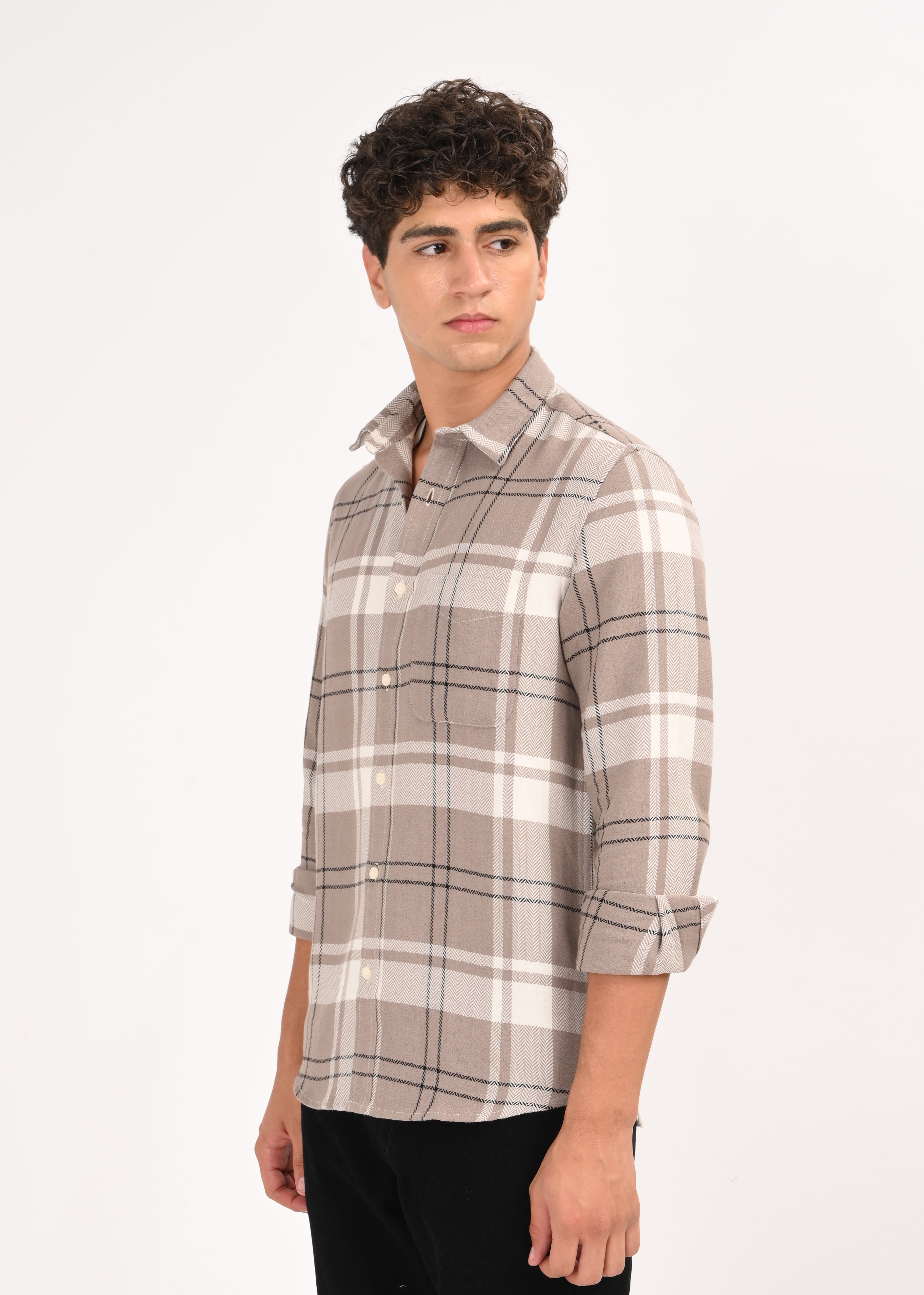 Men Beige Herringbone Checked Shirt