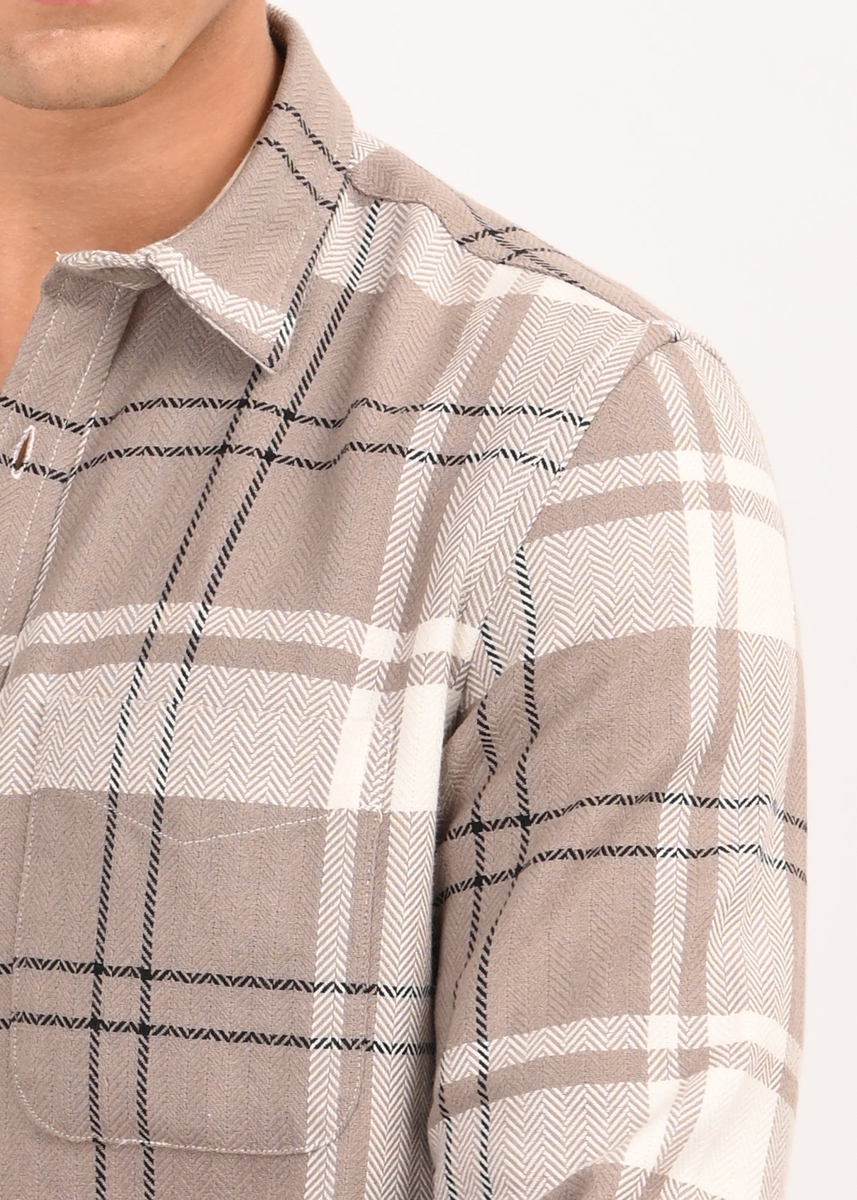 Men Beige Herringbone Checked Shirt