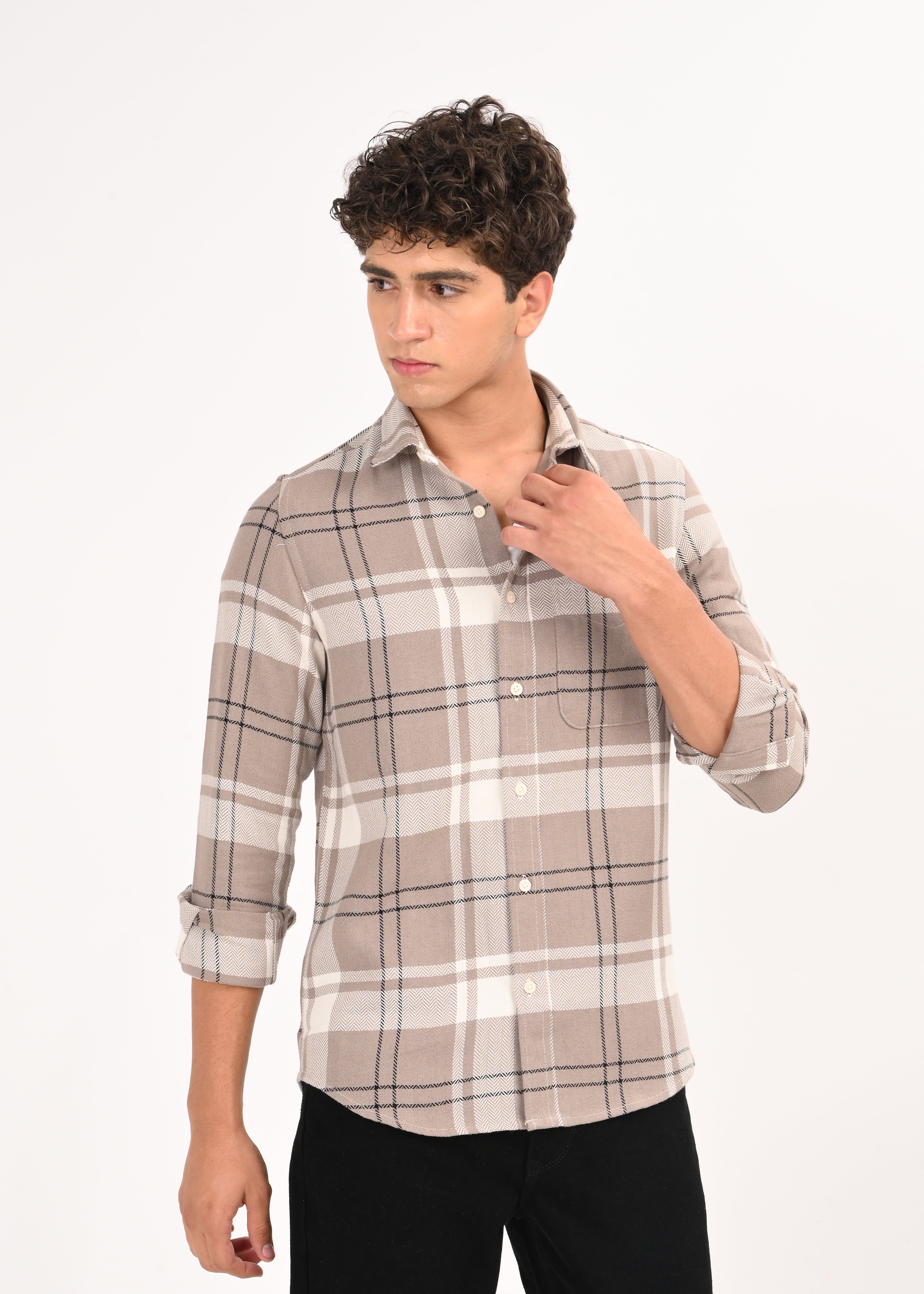 Men Beige Herringbone Checked Shirt