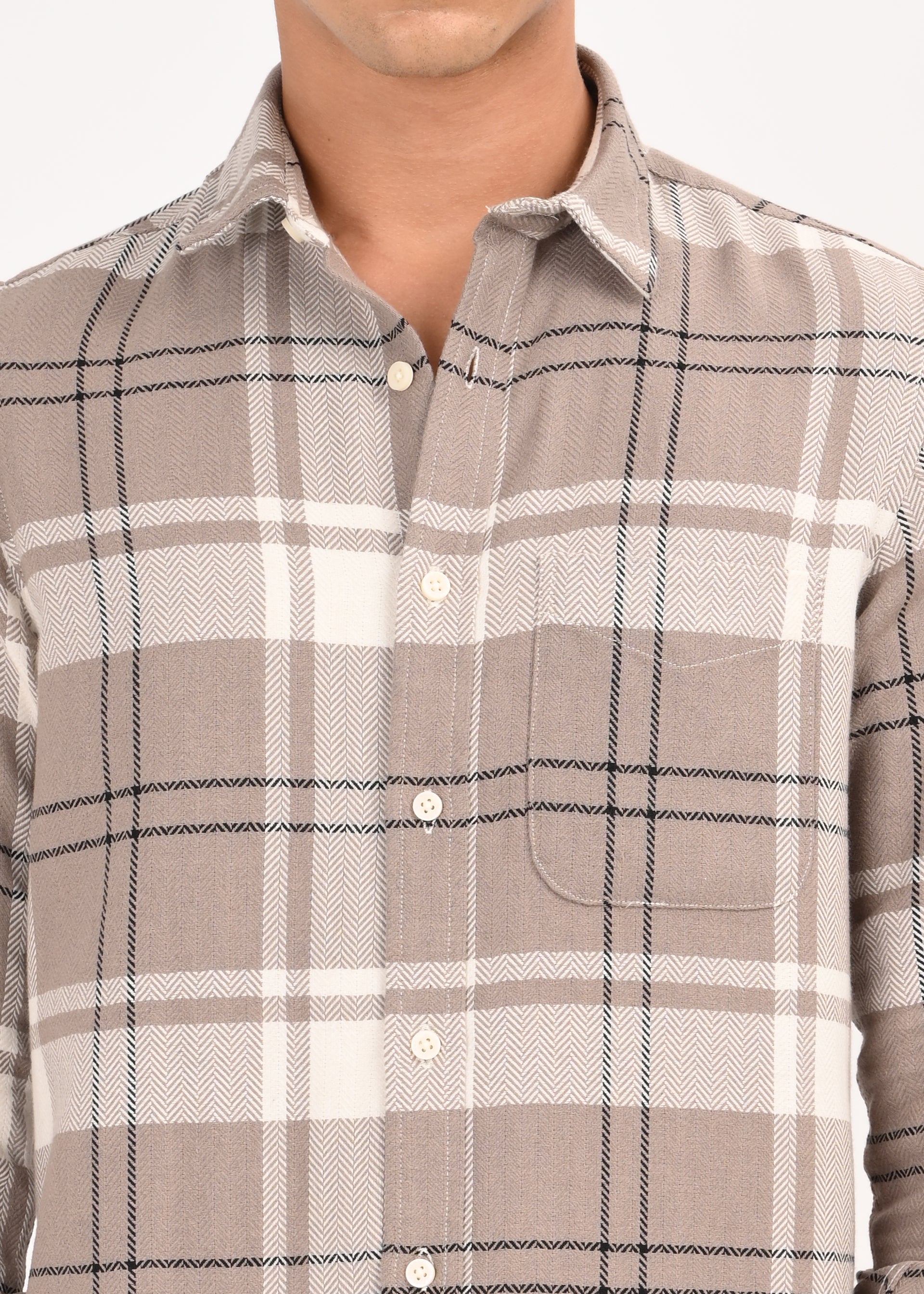 Men Beige Herringbone Checked Shirt